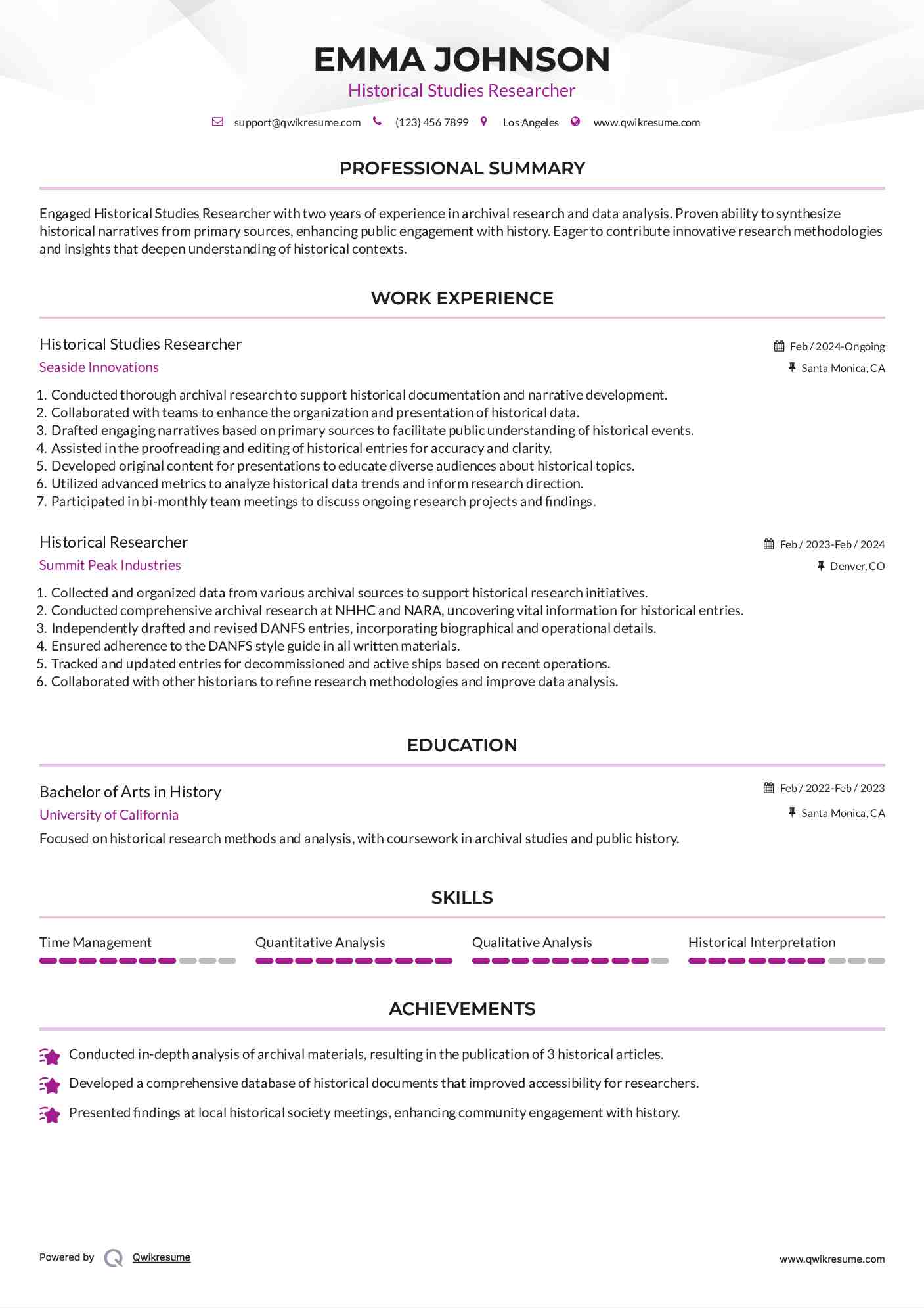 Historical Studies Researcher Resume Template