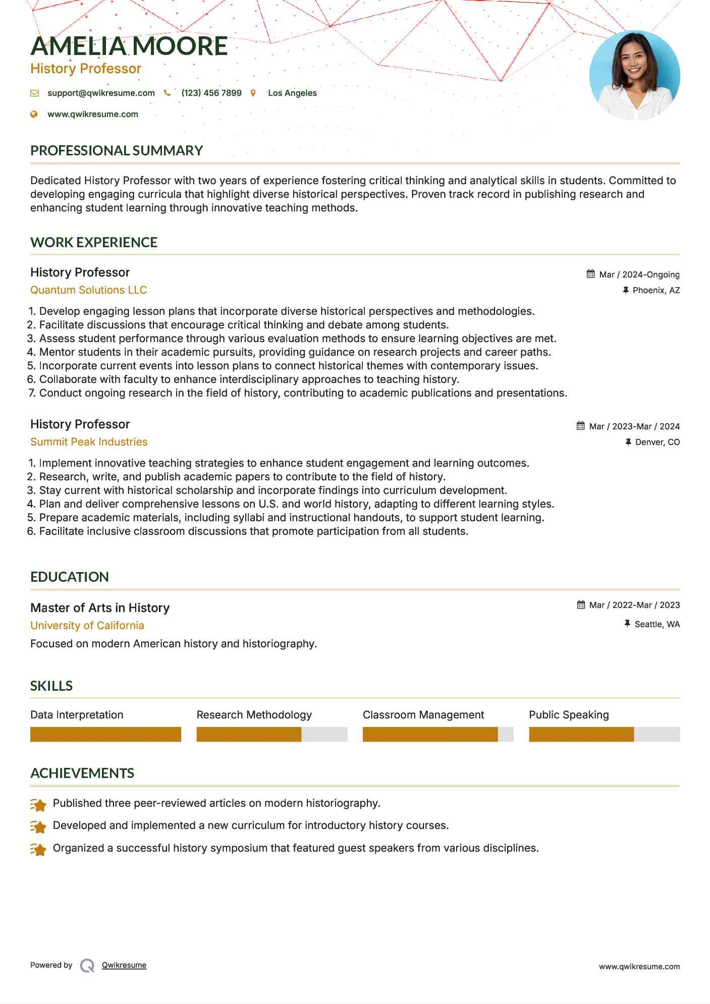 History Professor Resume Model