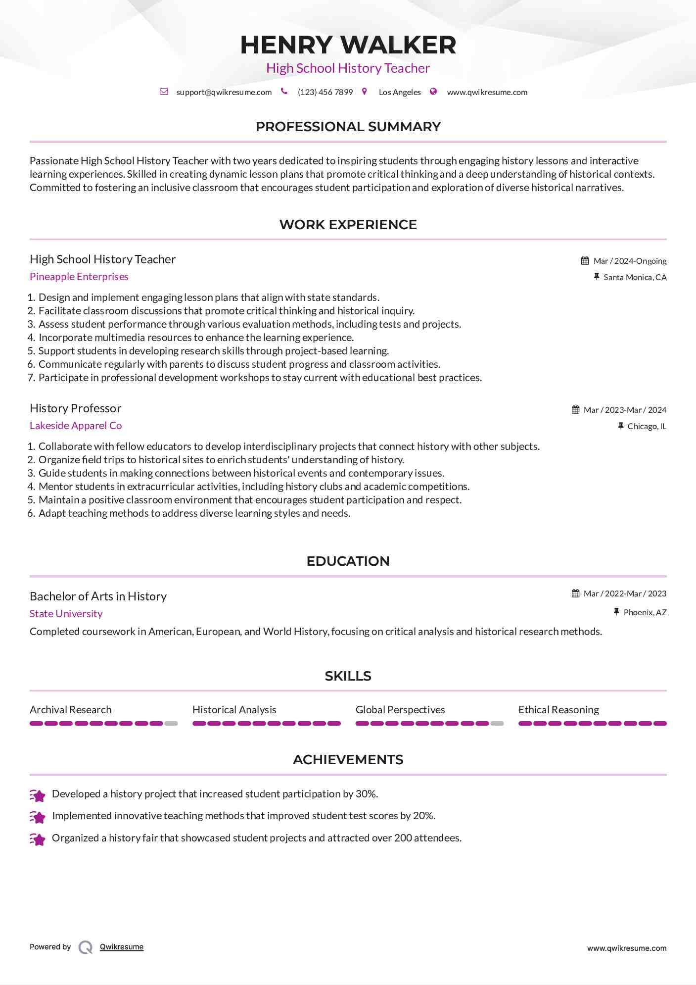 High School History Teacher Resume Template