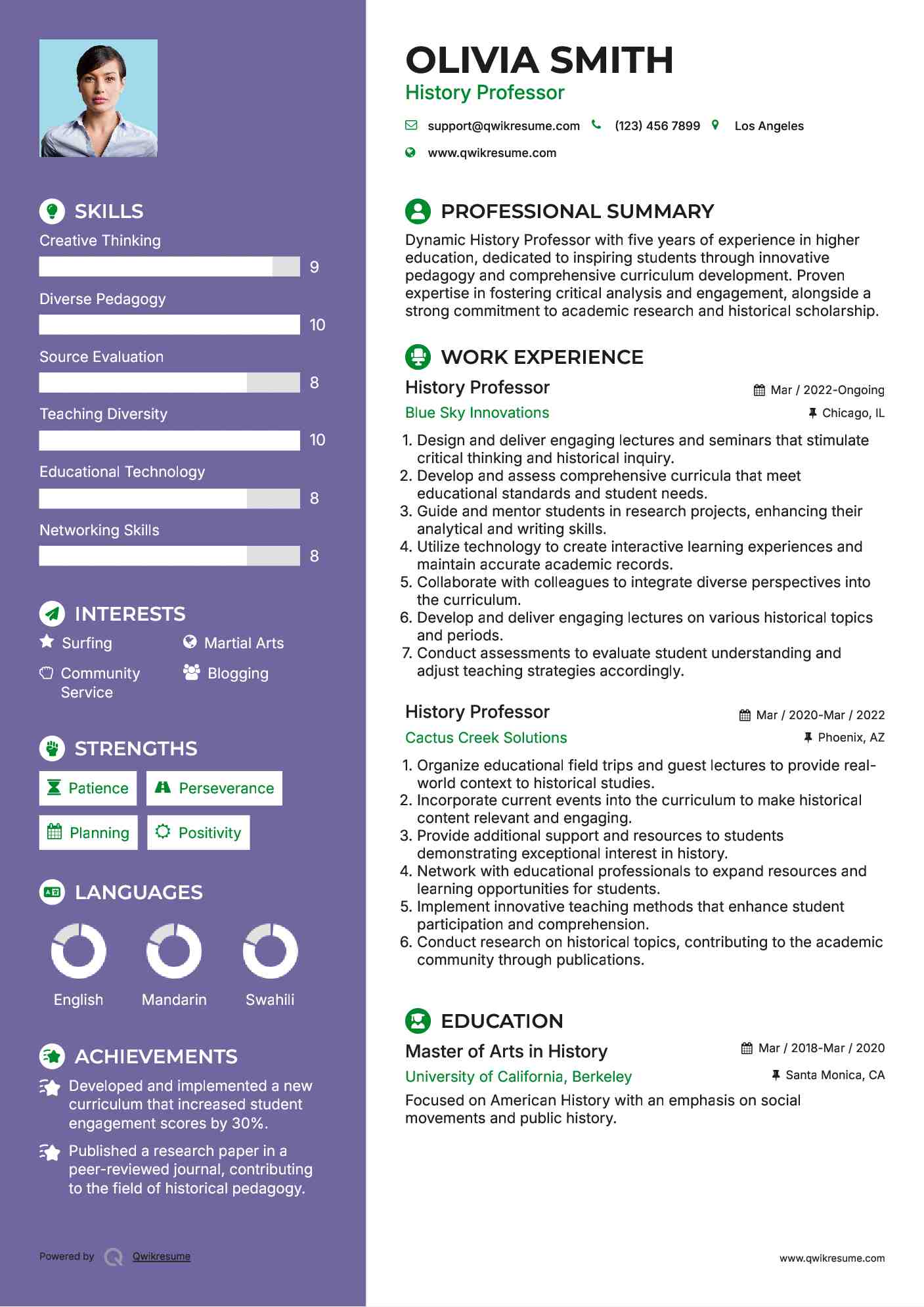 History Professor Resume Format