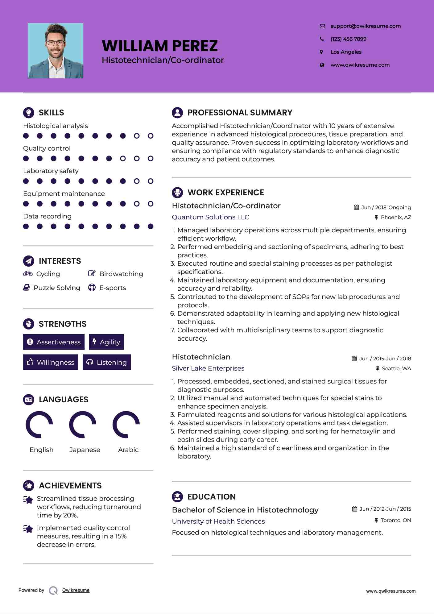 Histotechnician/Co-ordinator Resume Model