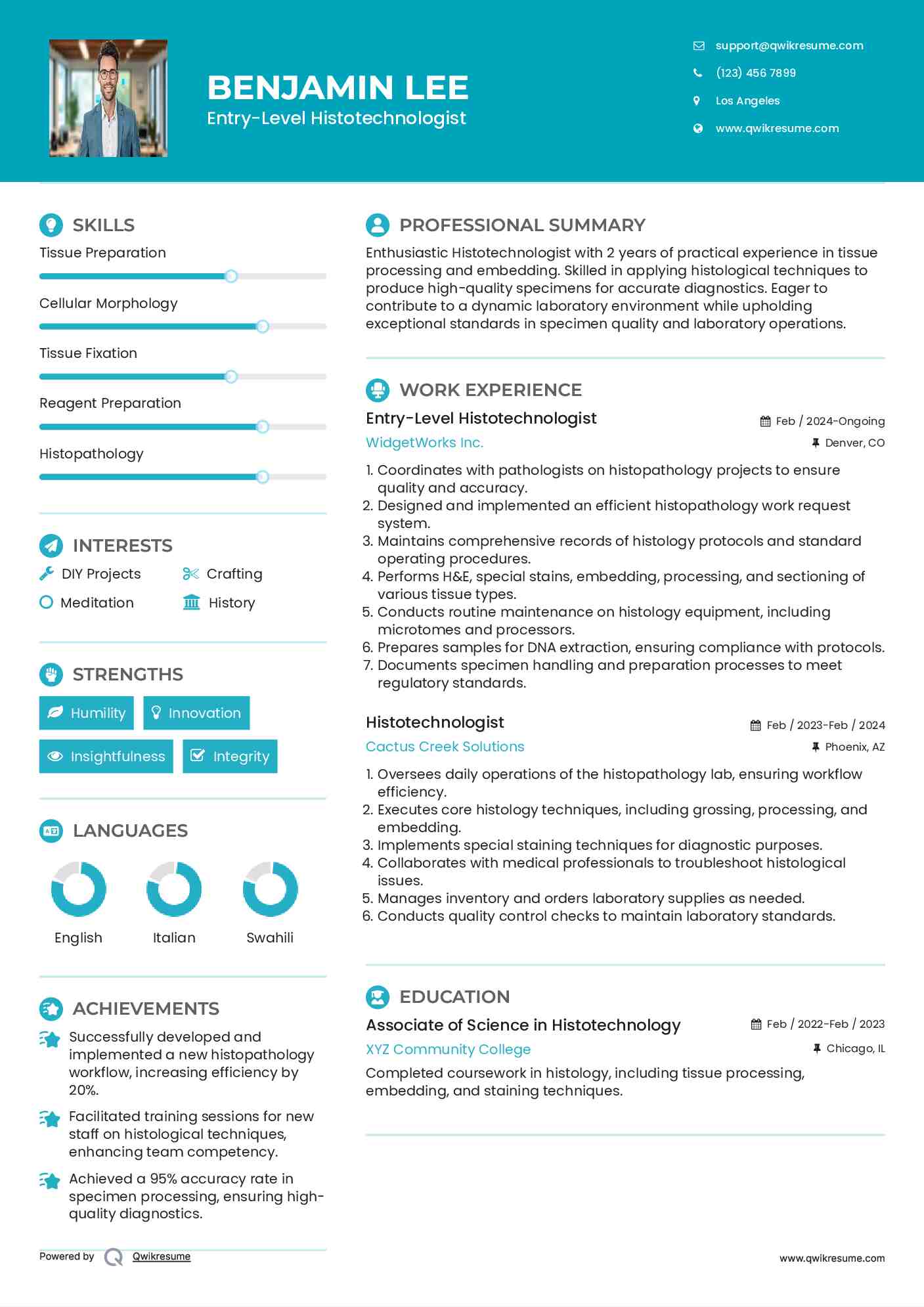  Entry-Level Histotechnologist Resume Example