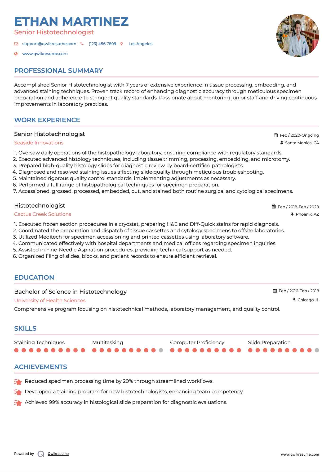 Senior Histotechnologist Resume Model