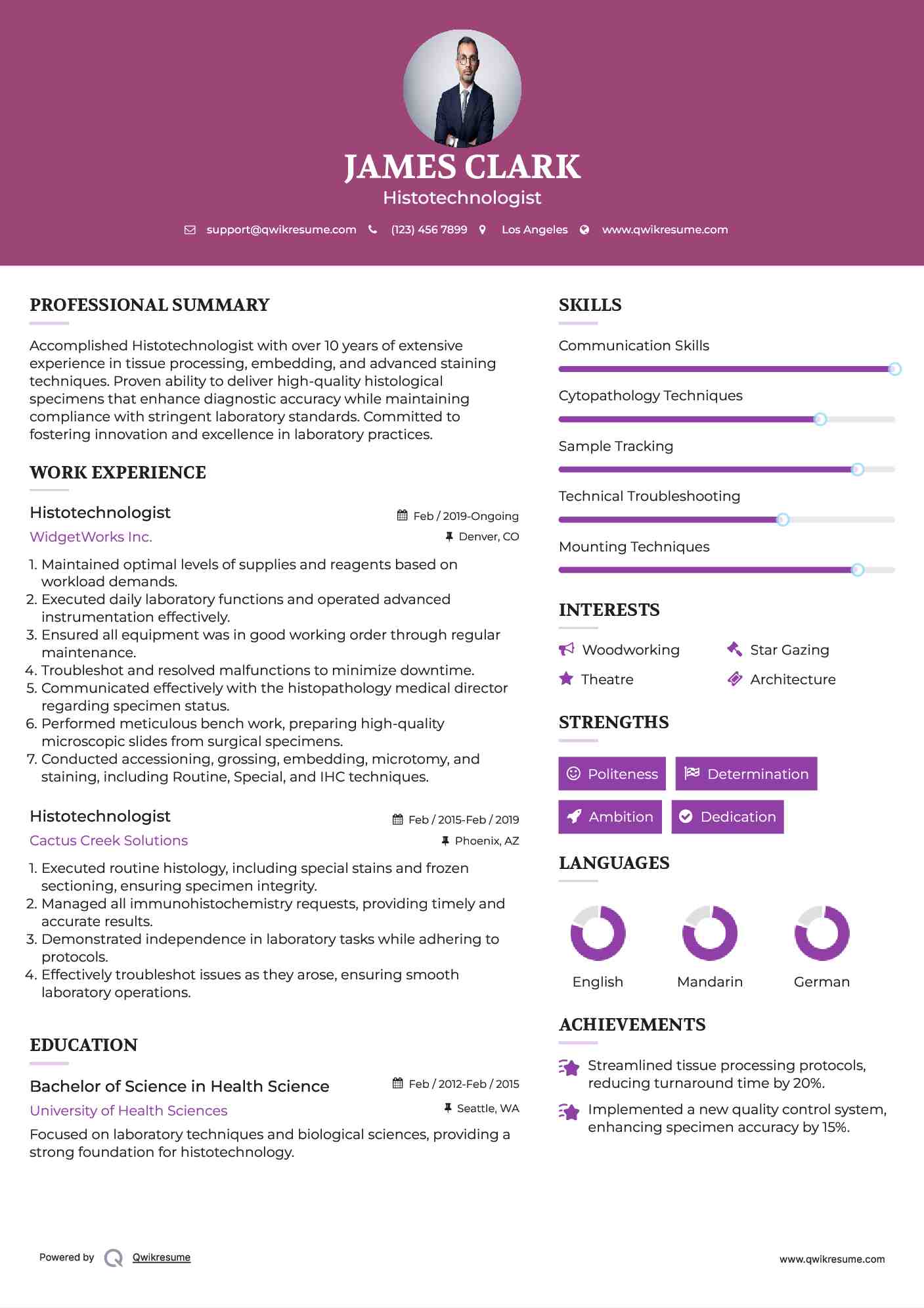Histotechnologist Resume Example