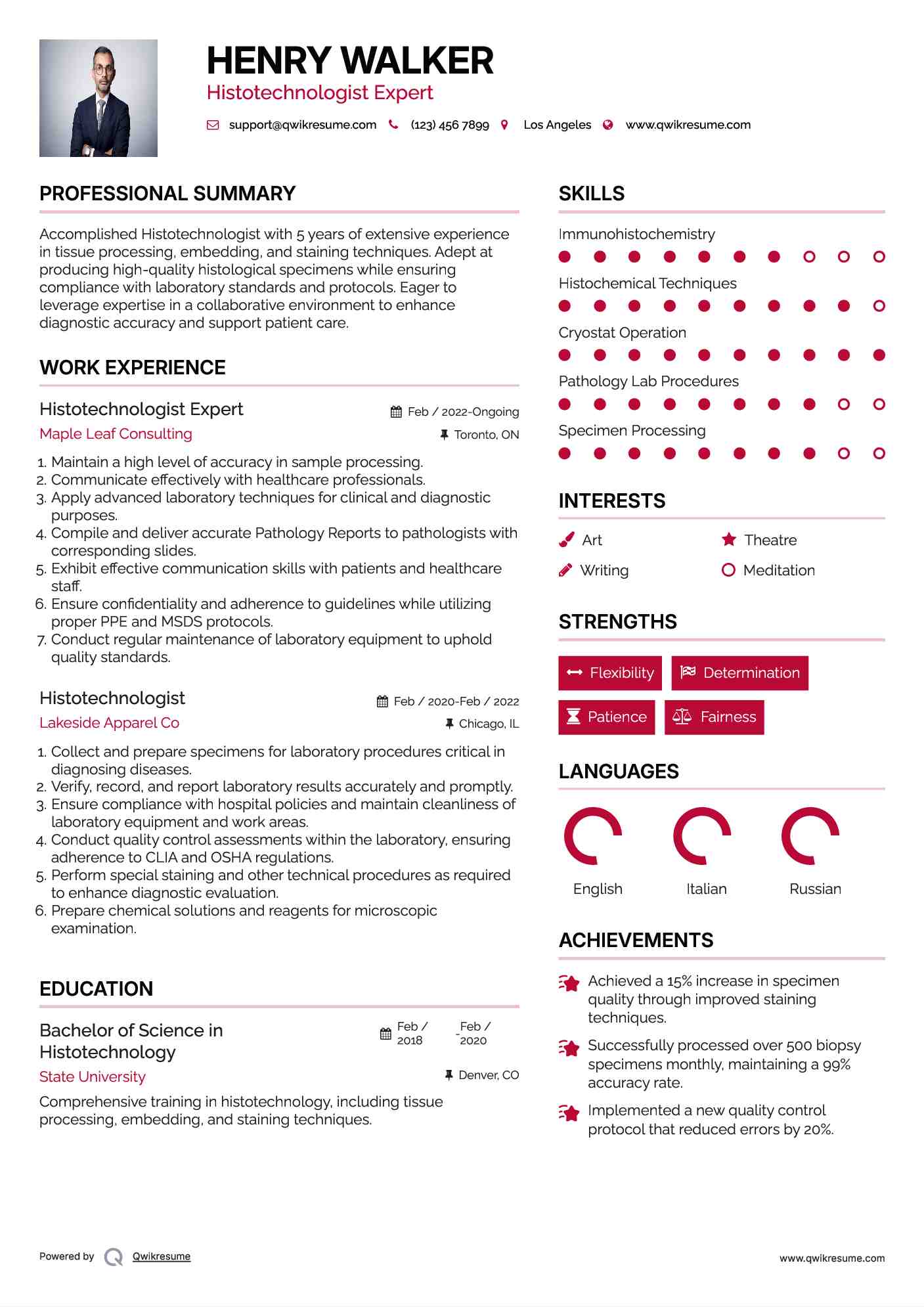 Histotechnologist Expert Resume Sample