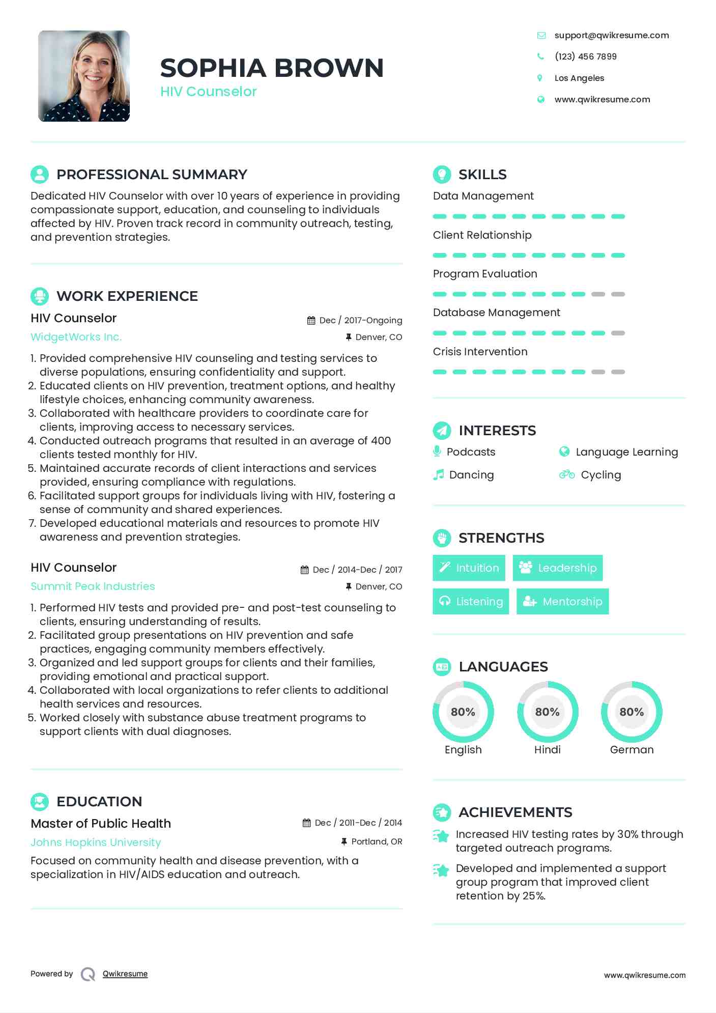 HIV Counselor Resume Sample