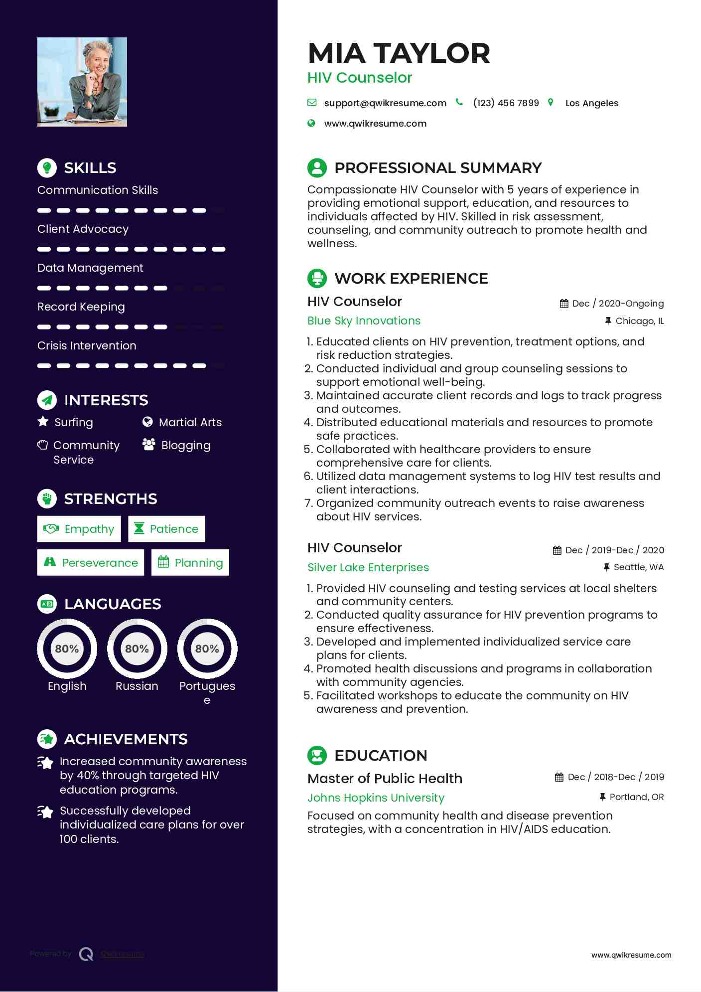 HIV Counselor Resume Sample