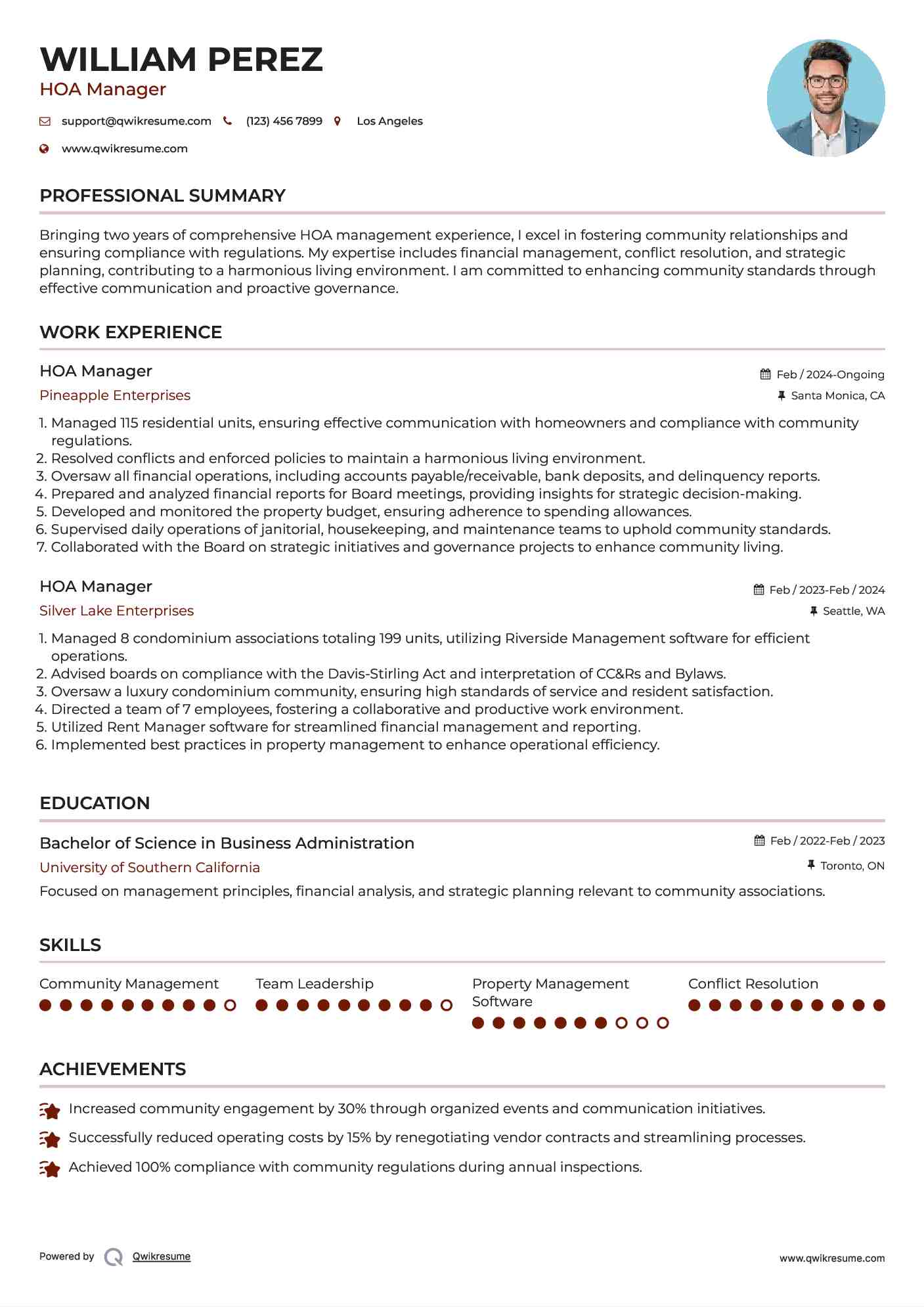 HOA Manager Resume Sample
