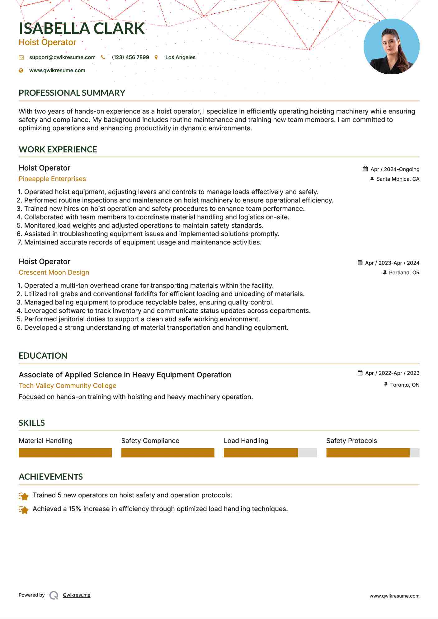 Hoist Operator Resume Sample