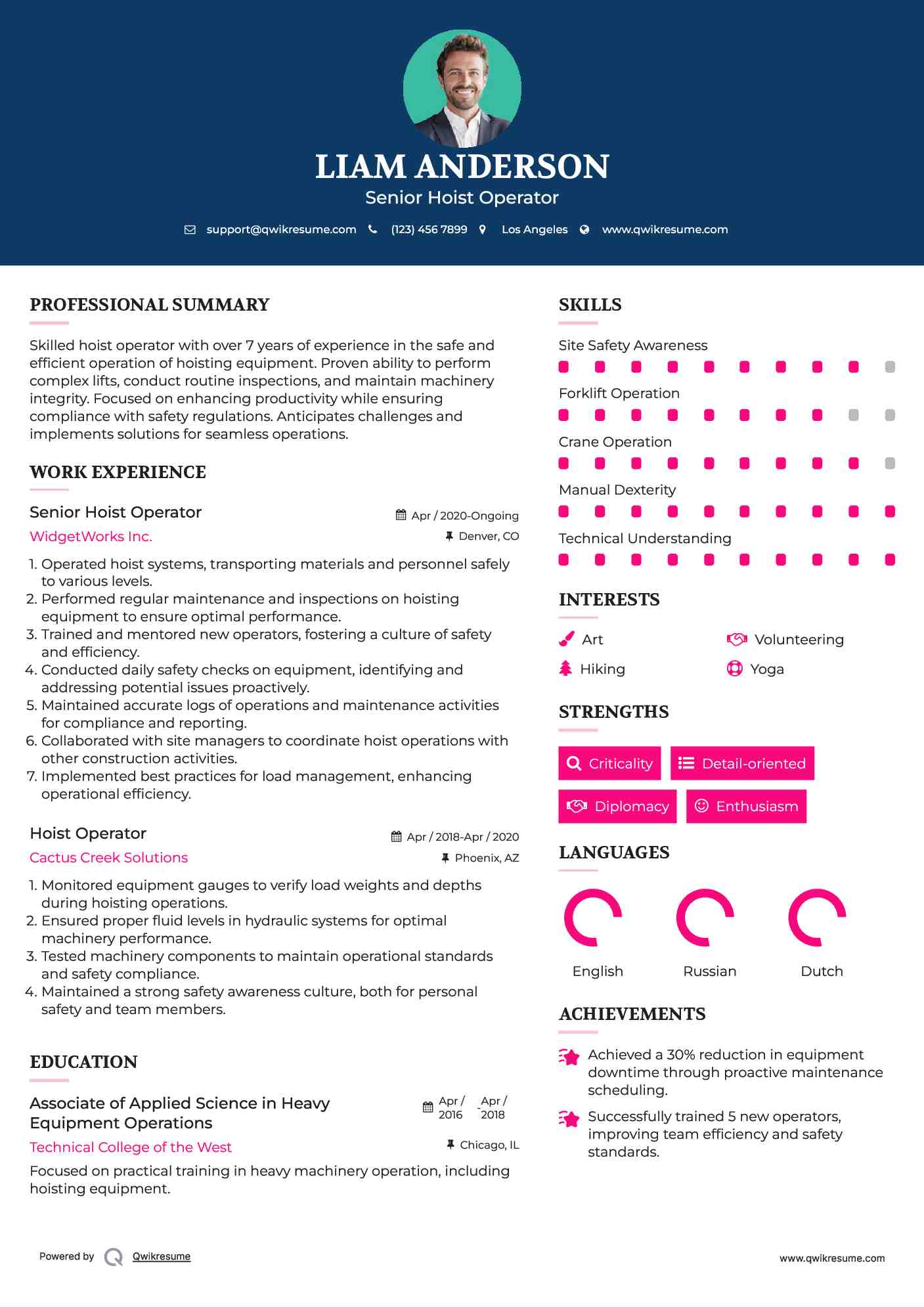 Senior Hoist Operator Resume Example