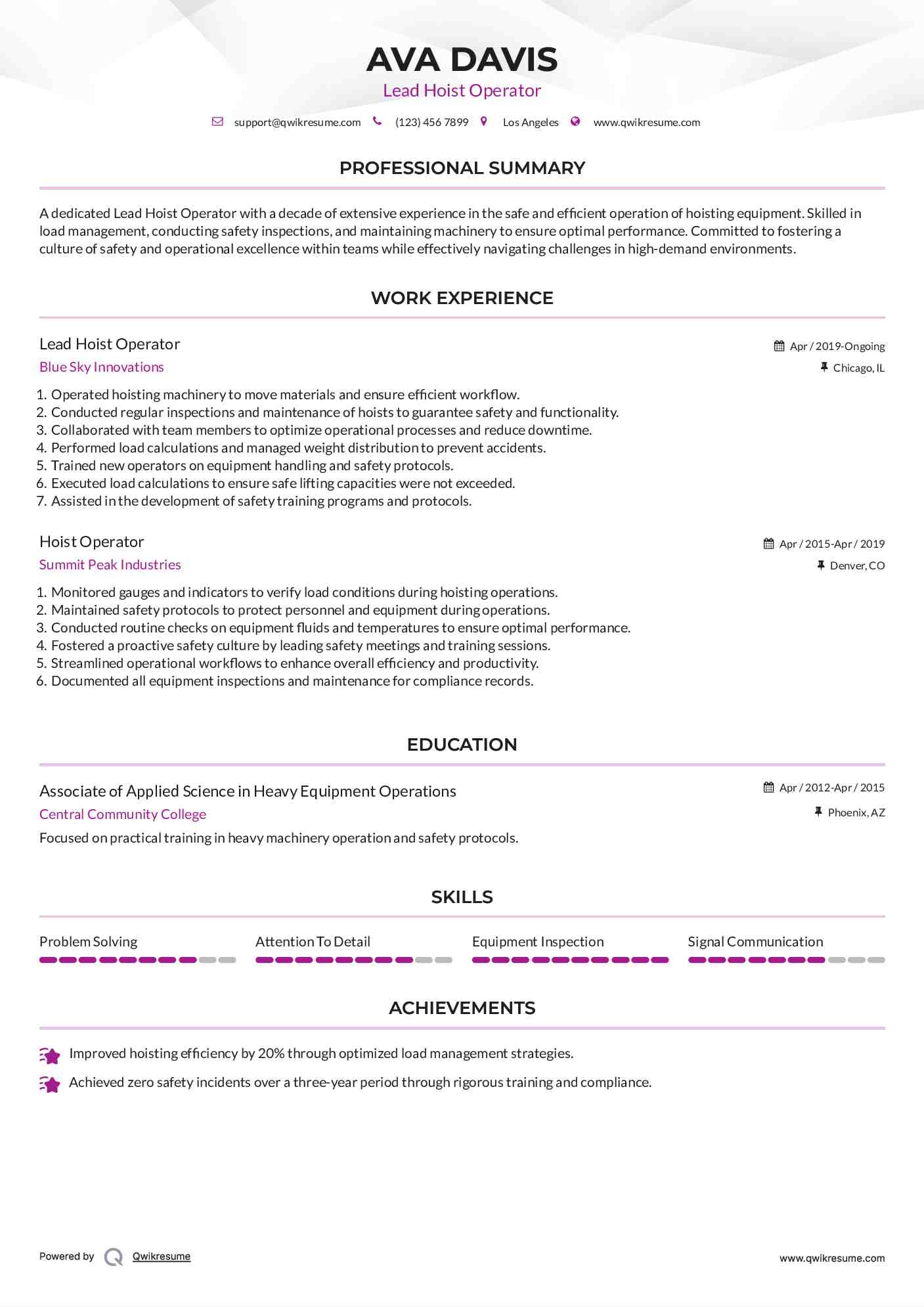 Lead Hoist Operator Resume Sample