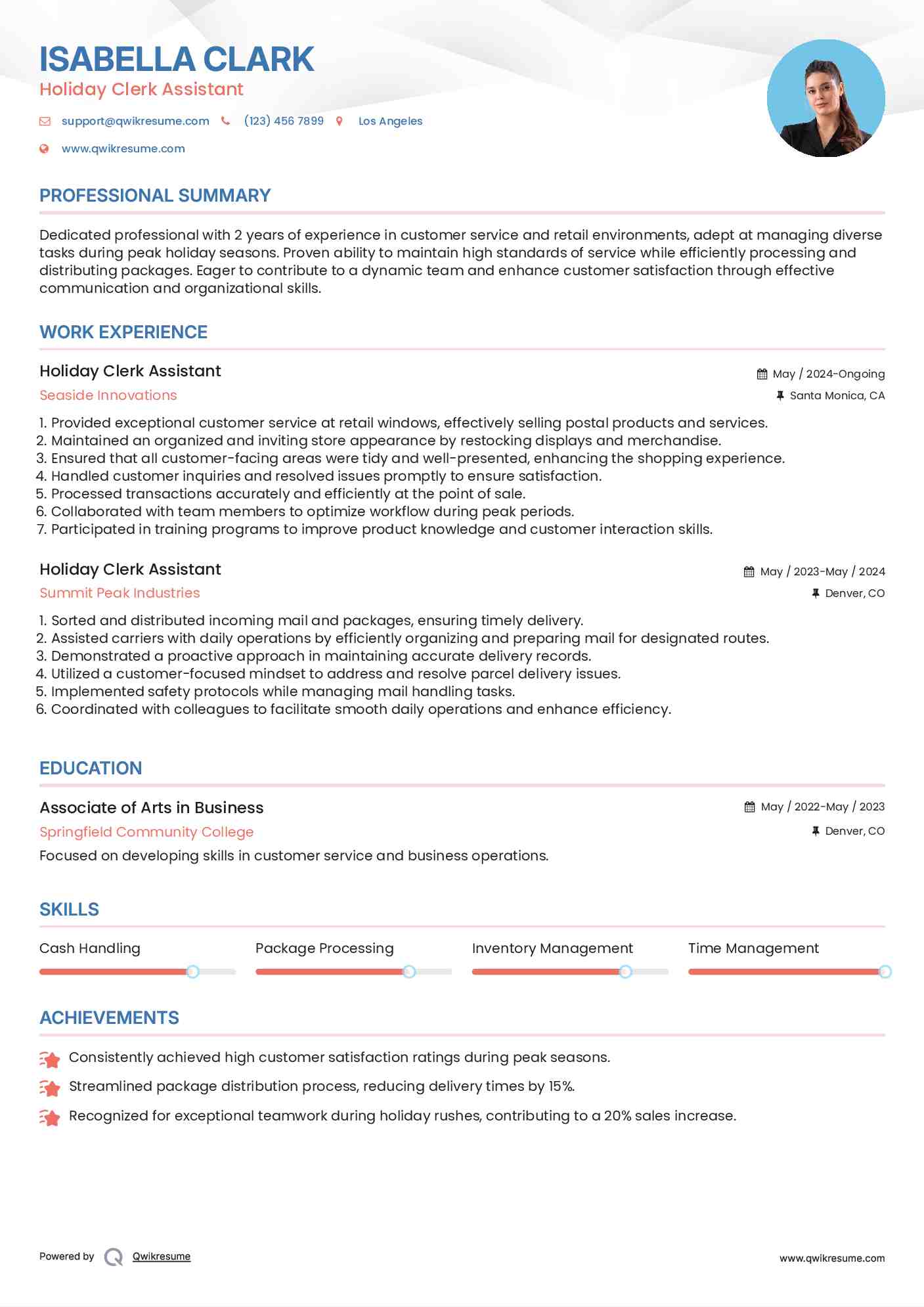 Holiday Clerk Assistant Resume Model