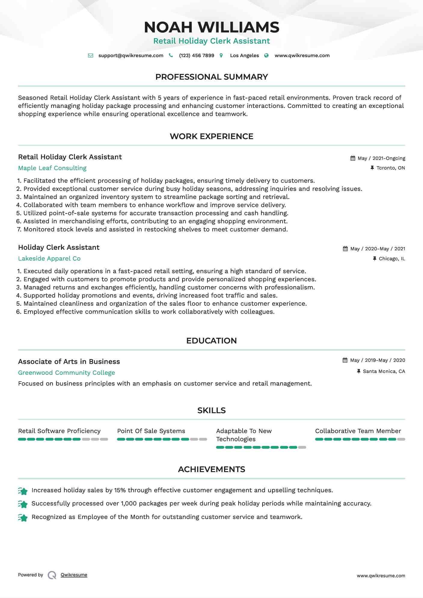 Retail Holiday Clerk Assistant Resume Format