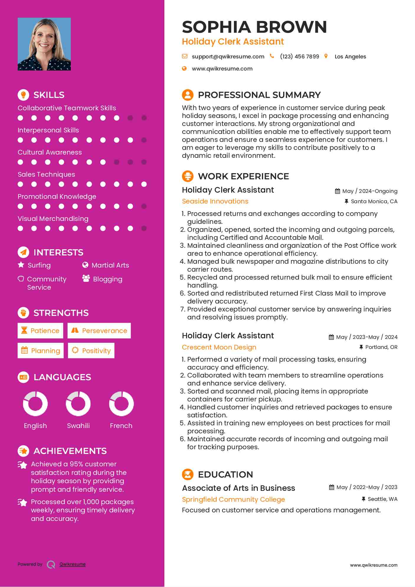 Holiday Clerk Assistant Resume Sample