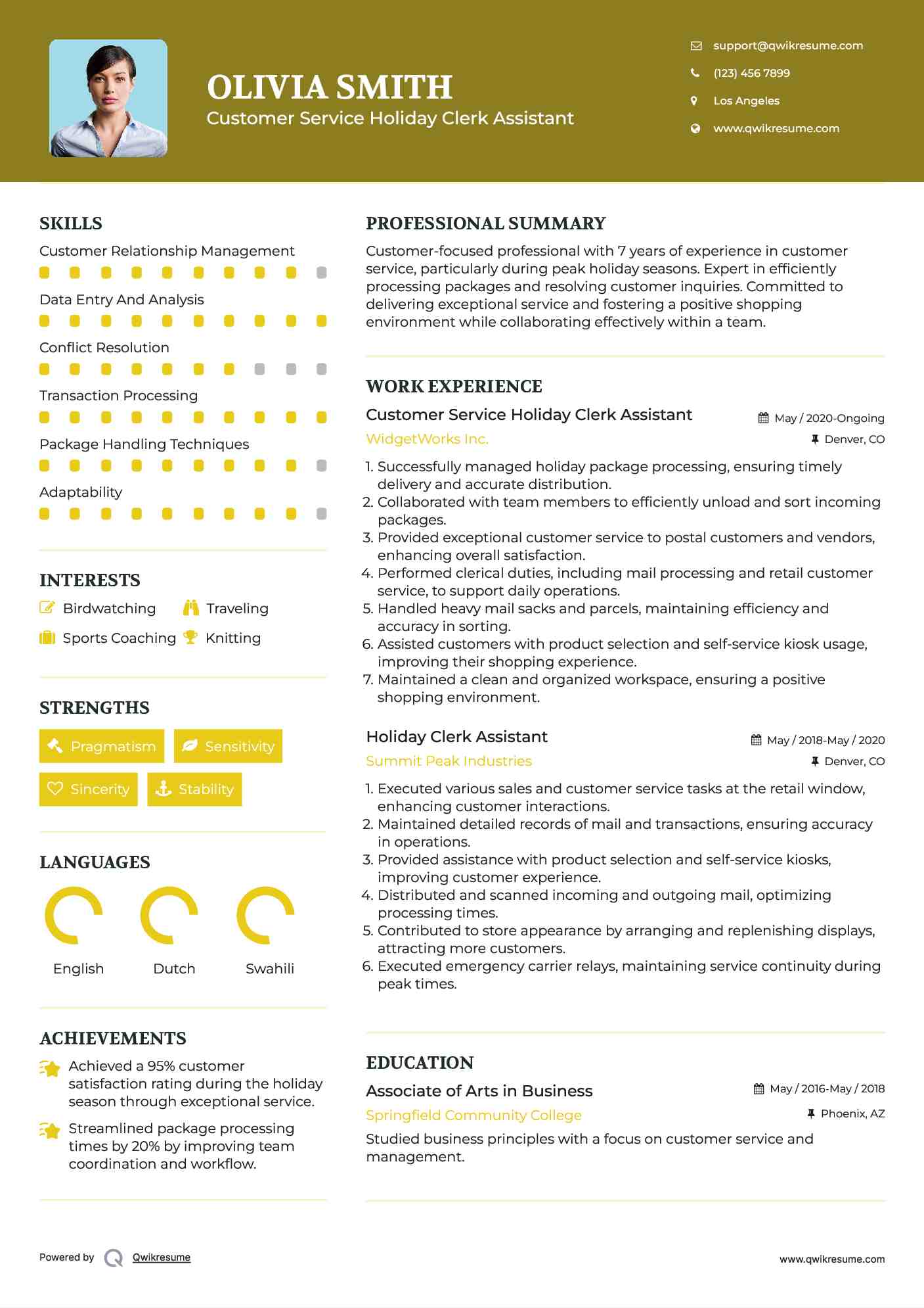 Customer Service Holiday Clerk Assistant Resume Format