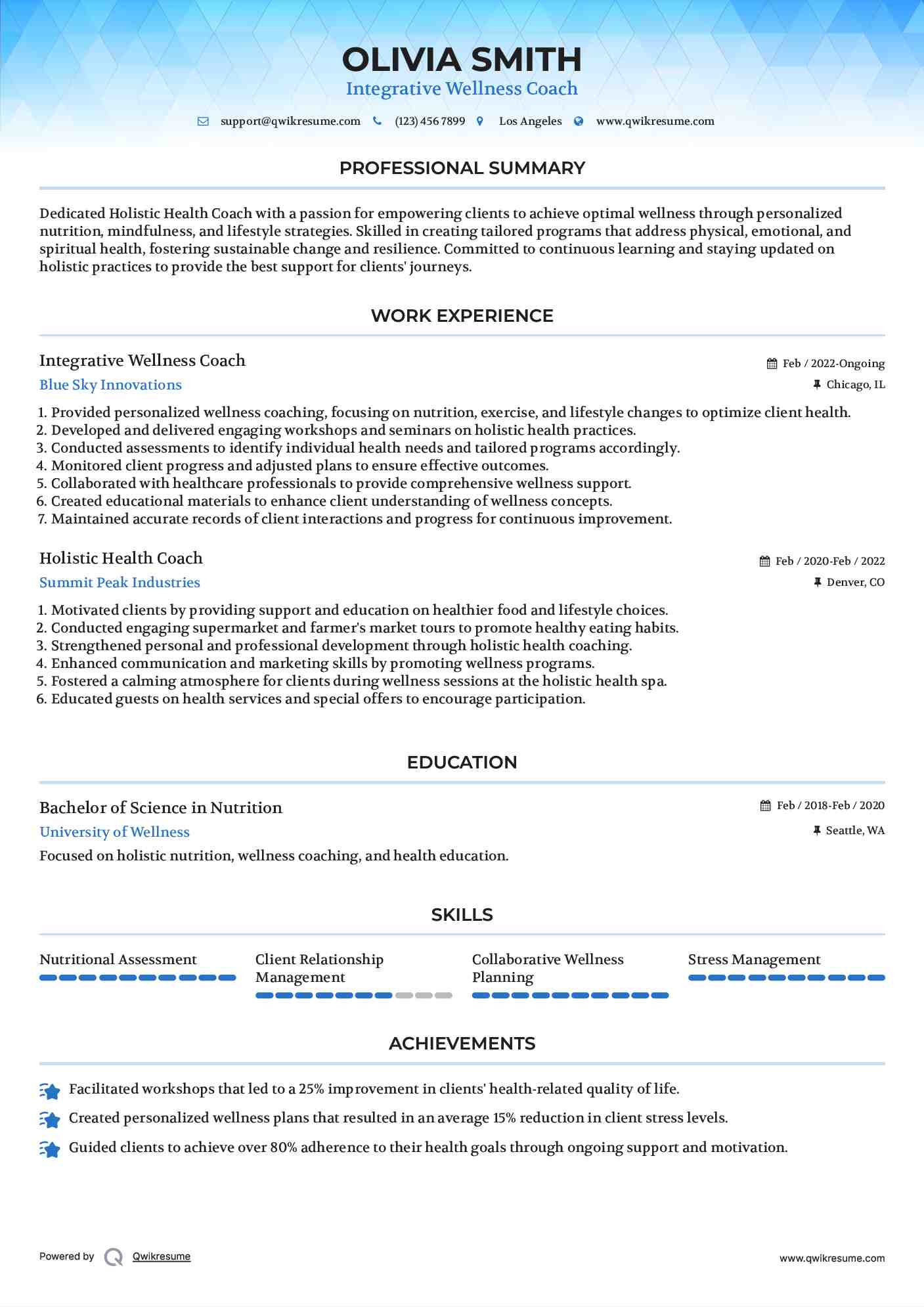 Integrative Wellness Coach Resume Sample