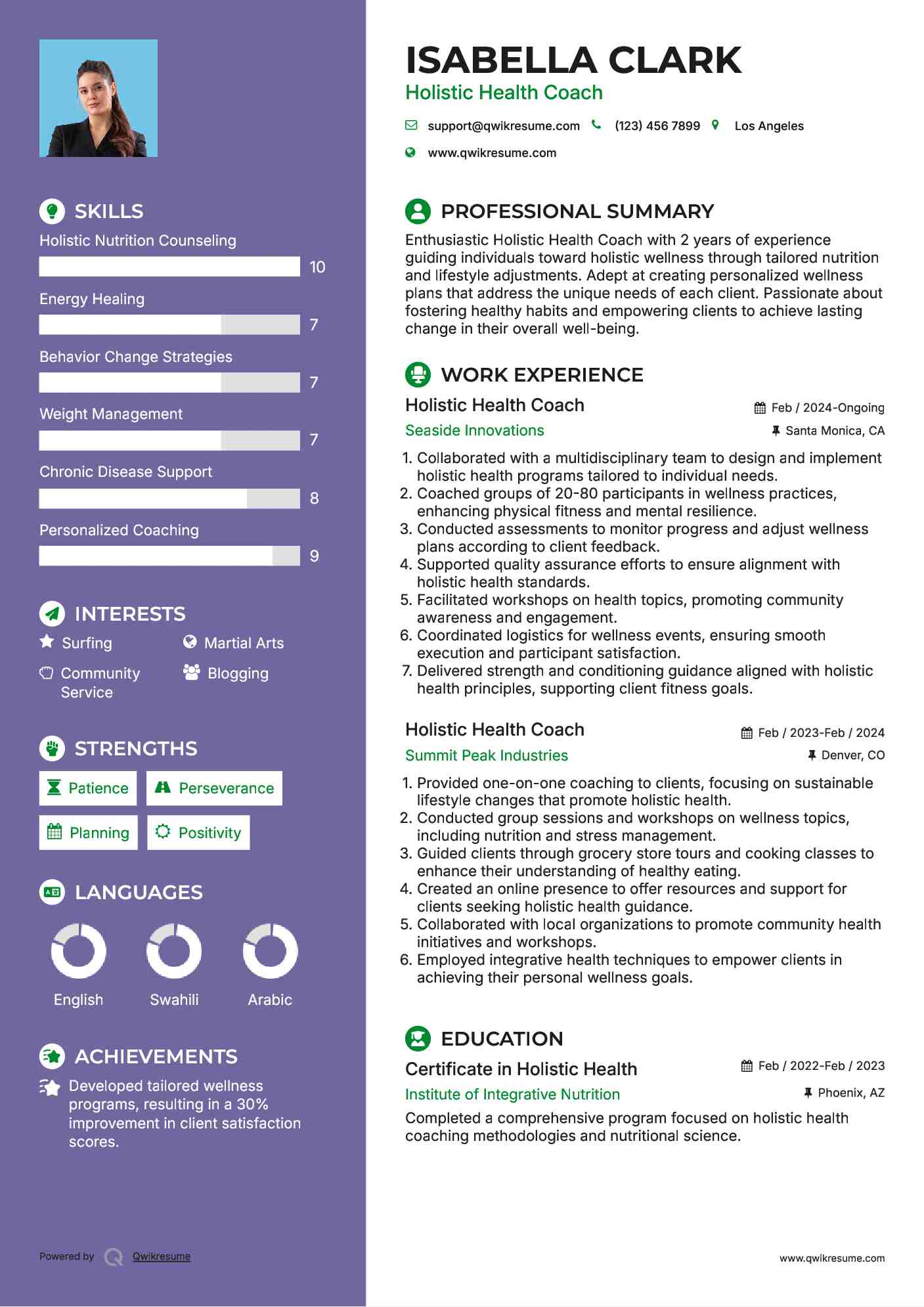 Holistic Health Coach Resume Model