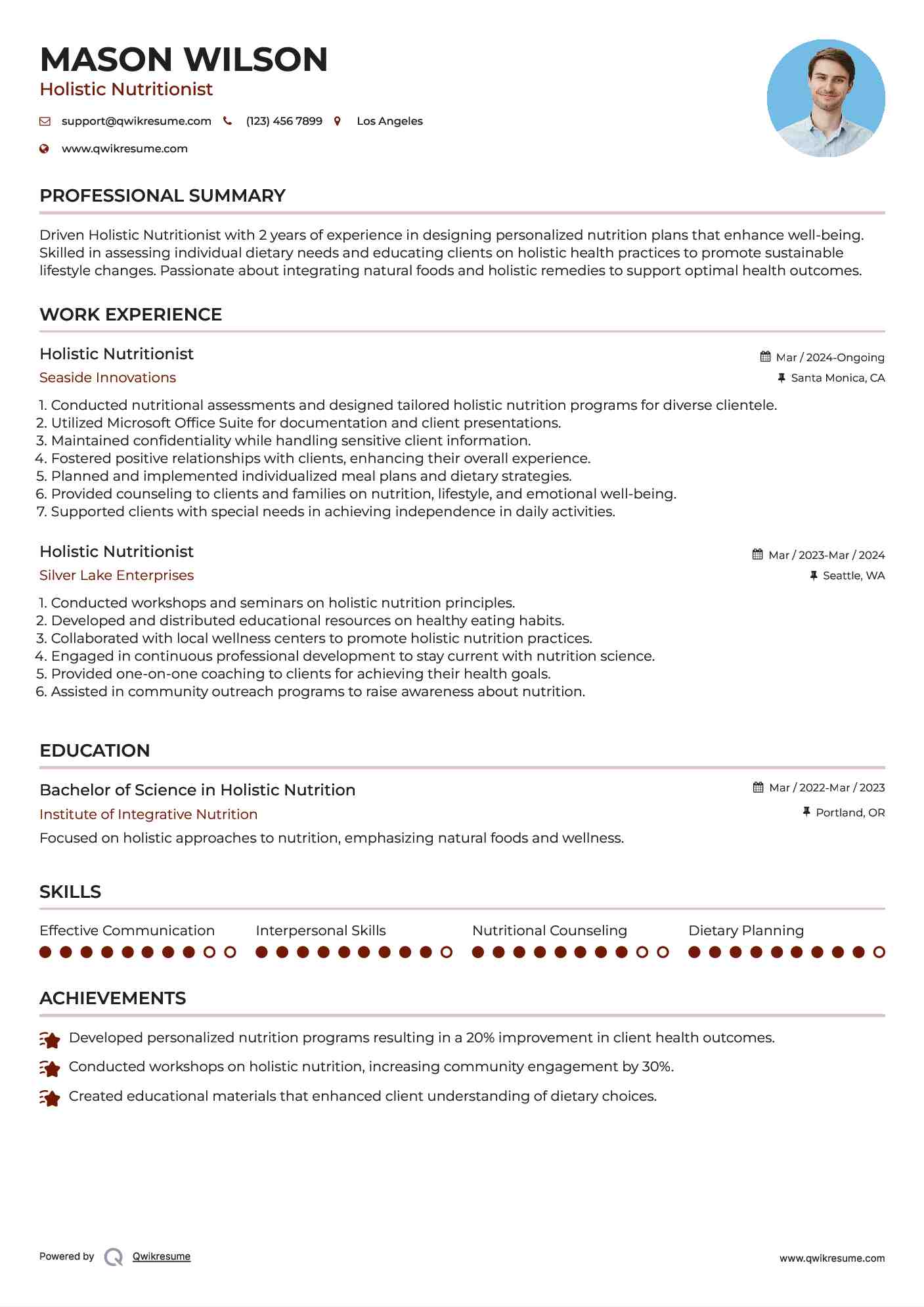 Holistic Nutritionist Resume Model