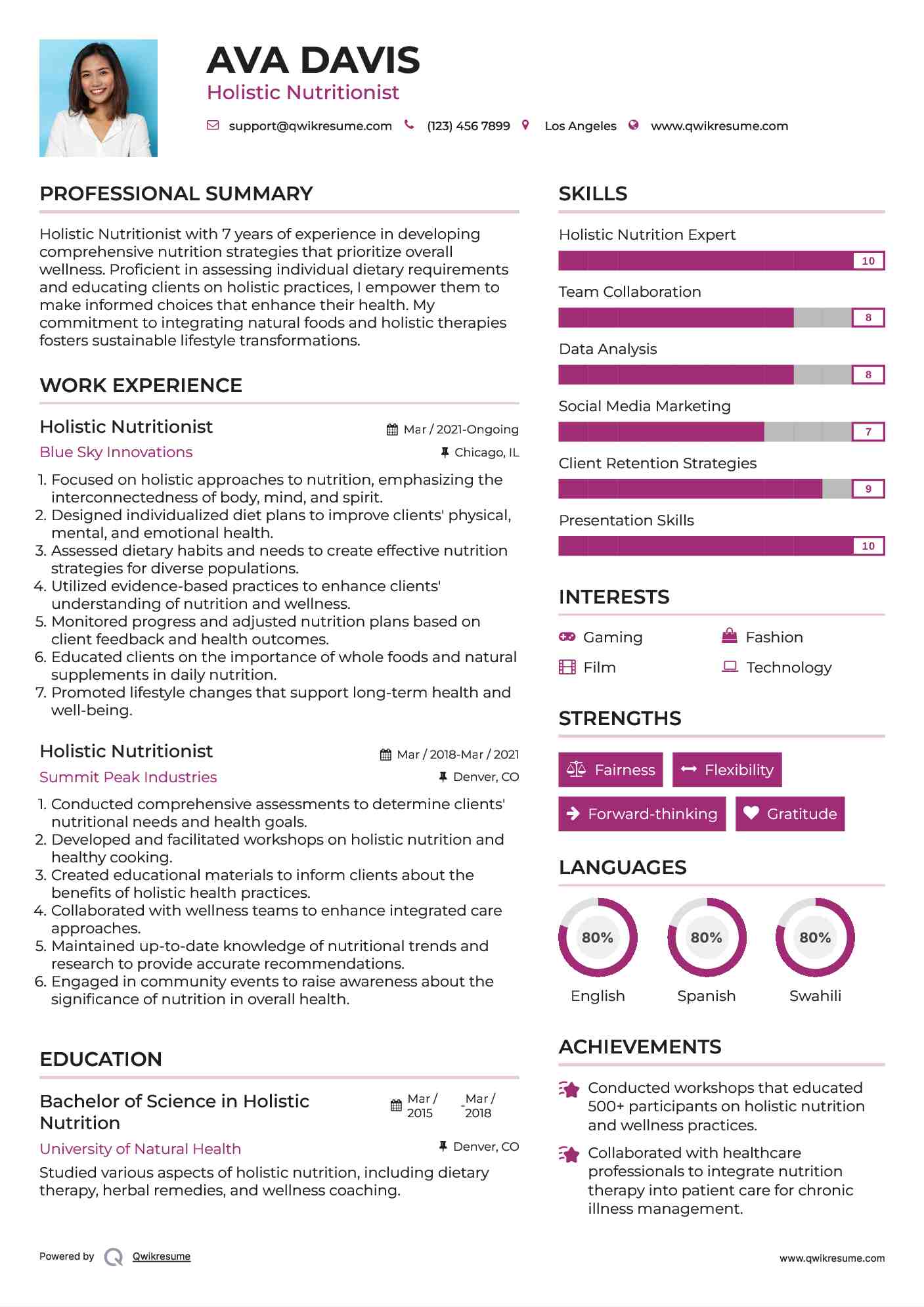 Holistic Nutritionist Resume Sample