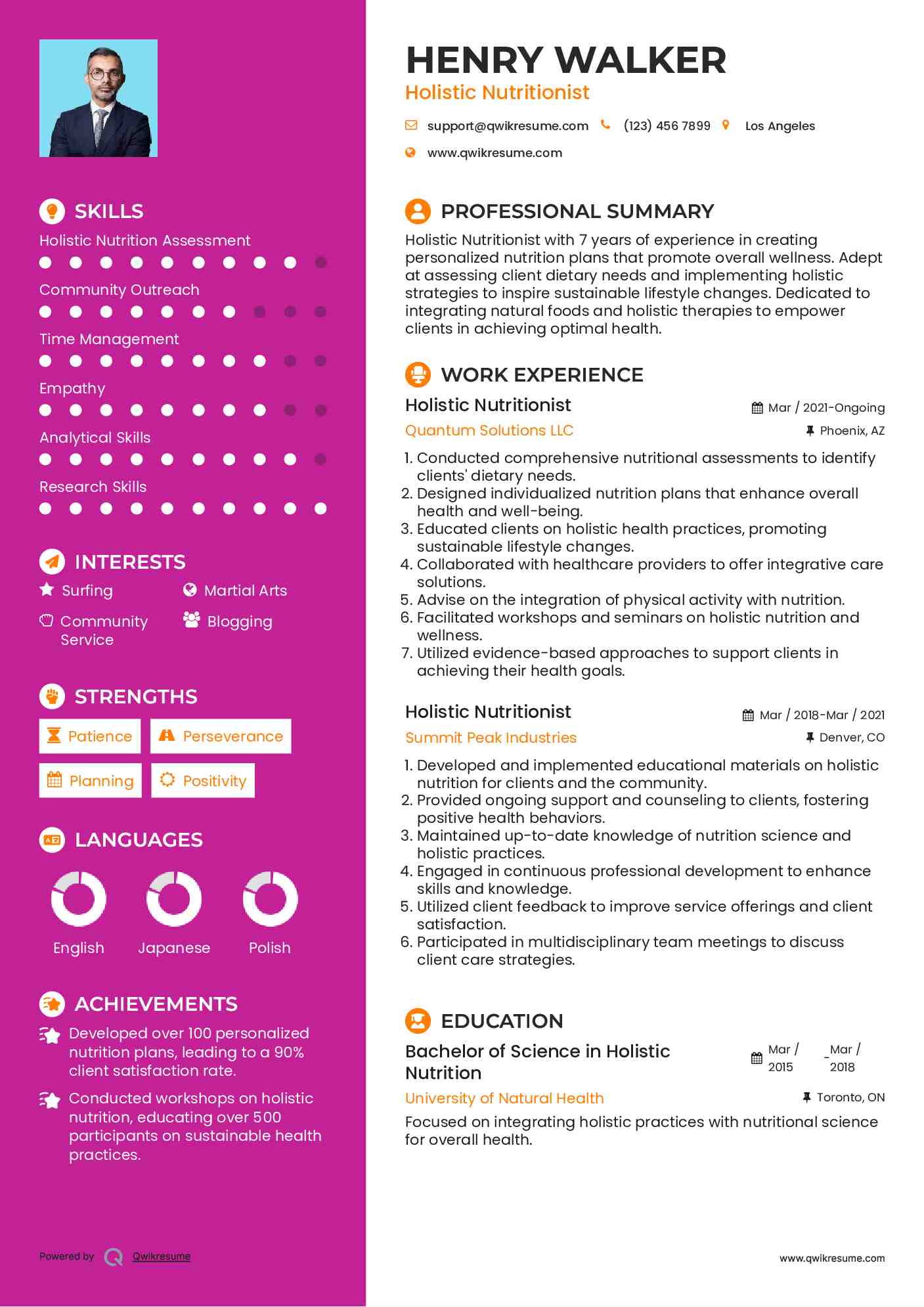 Holistic Nutritionist Resume Format