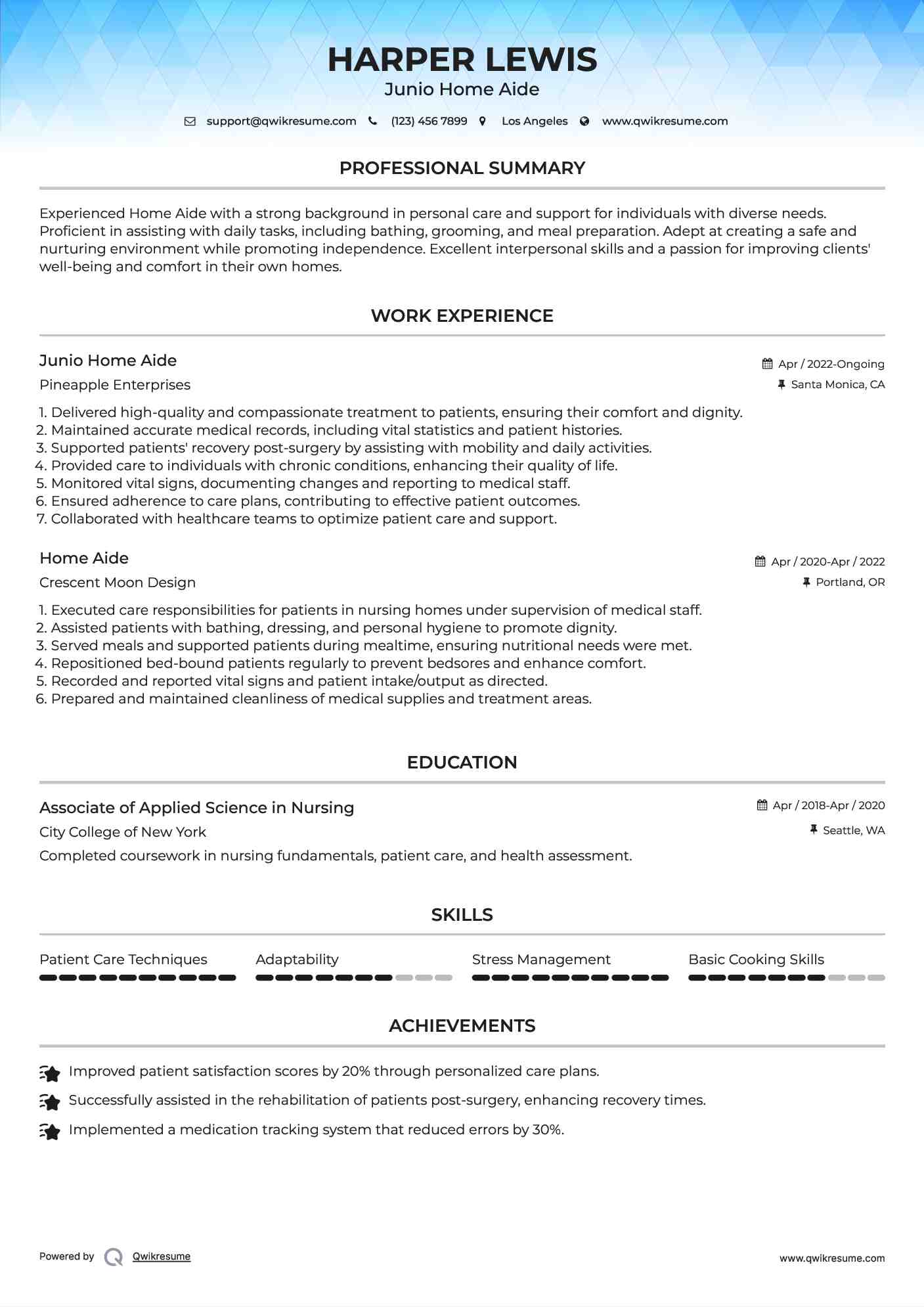 Junio Home Aide Resume Example