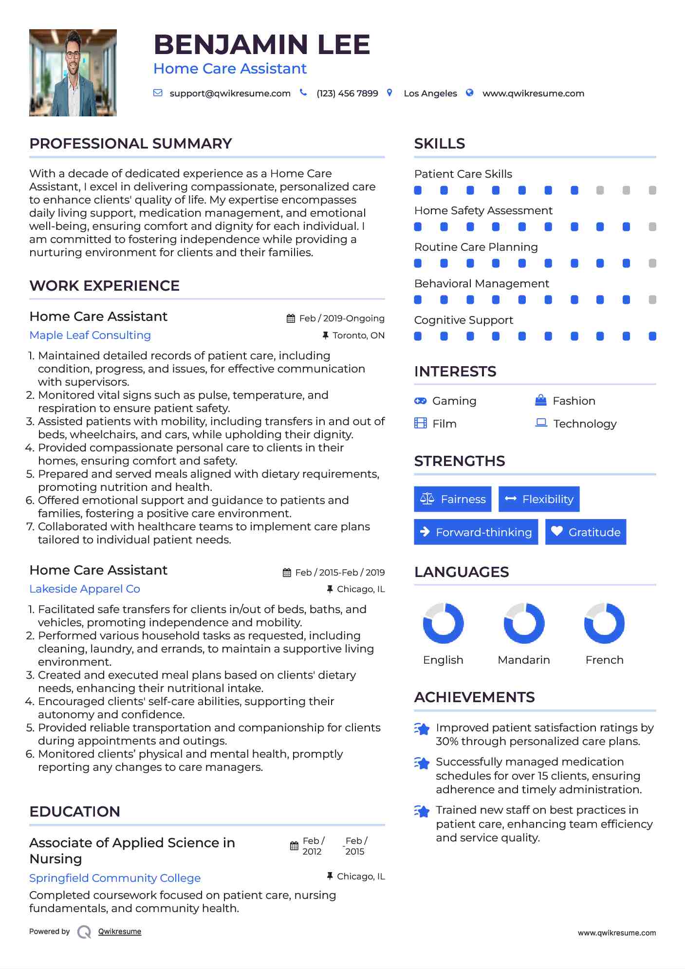 Home Care Assistant Resume Sample