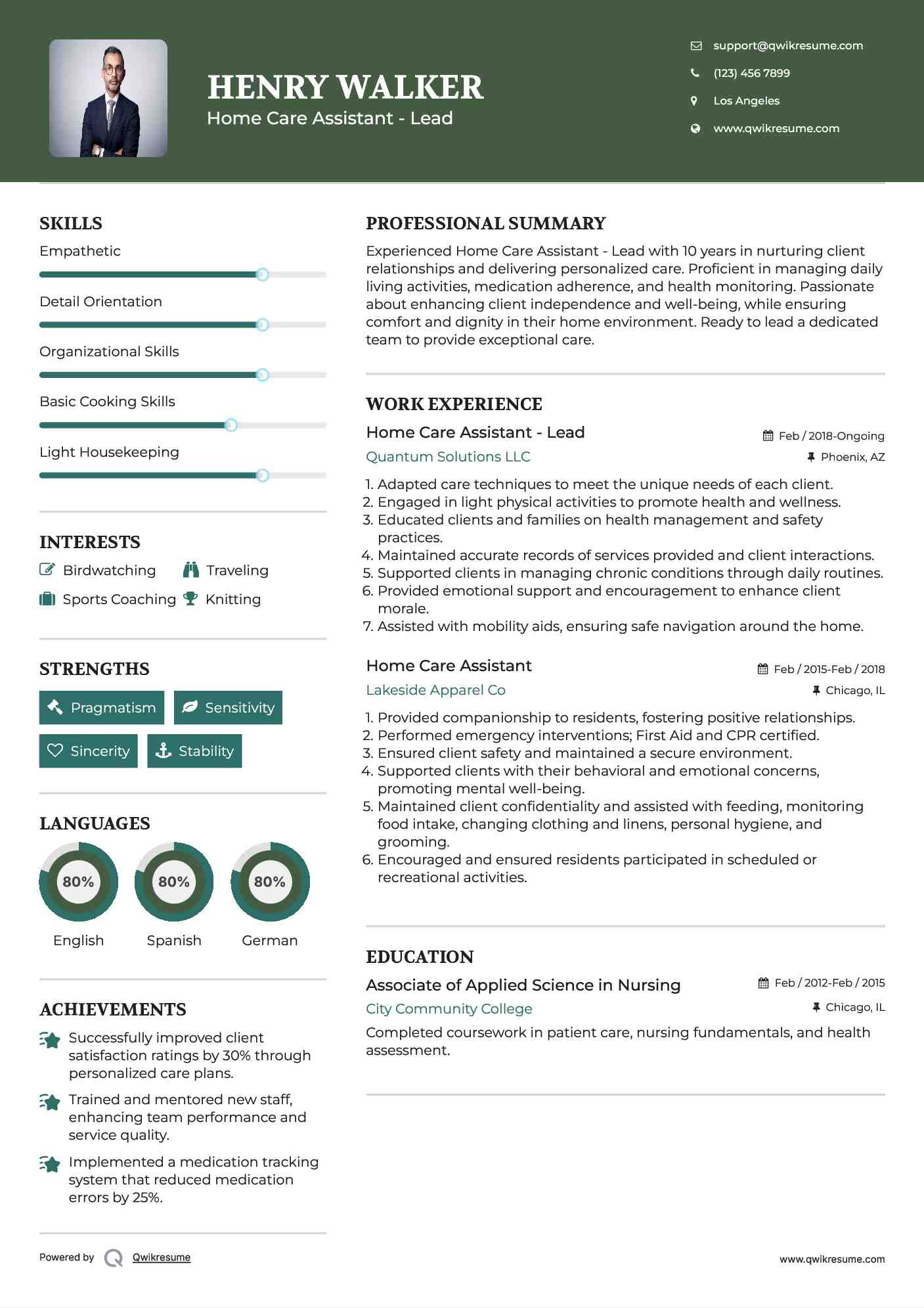 Home Care Assistant - Lead Resume Example