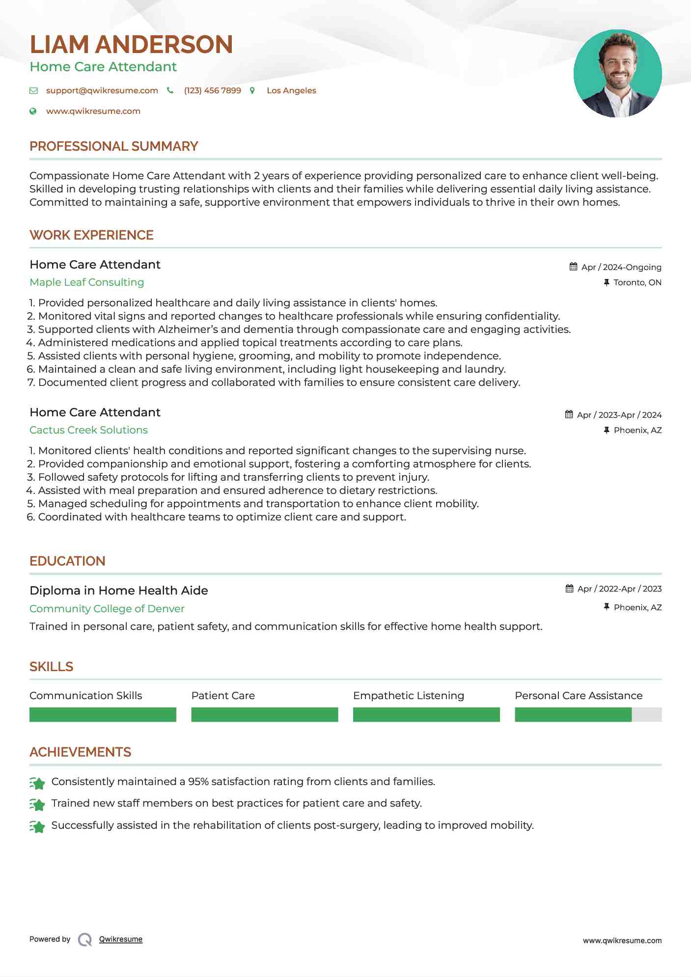 Home Care Attendant Resume Model