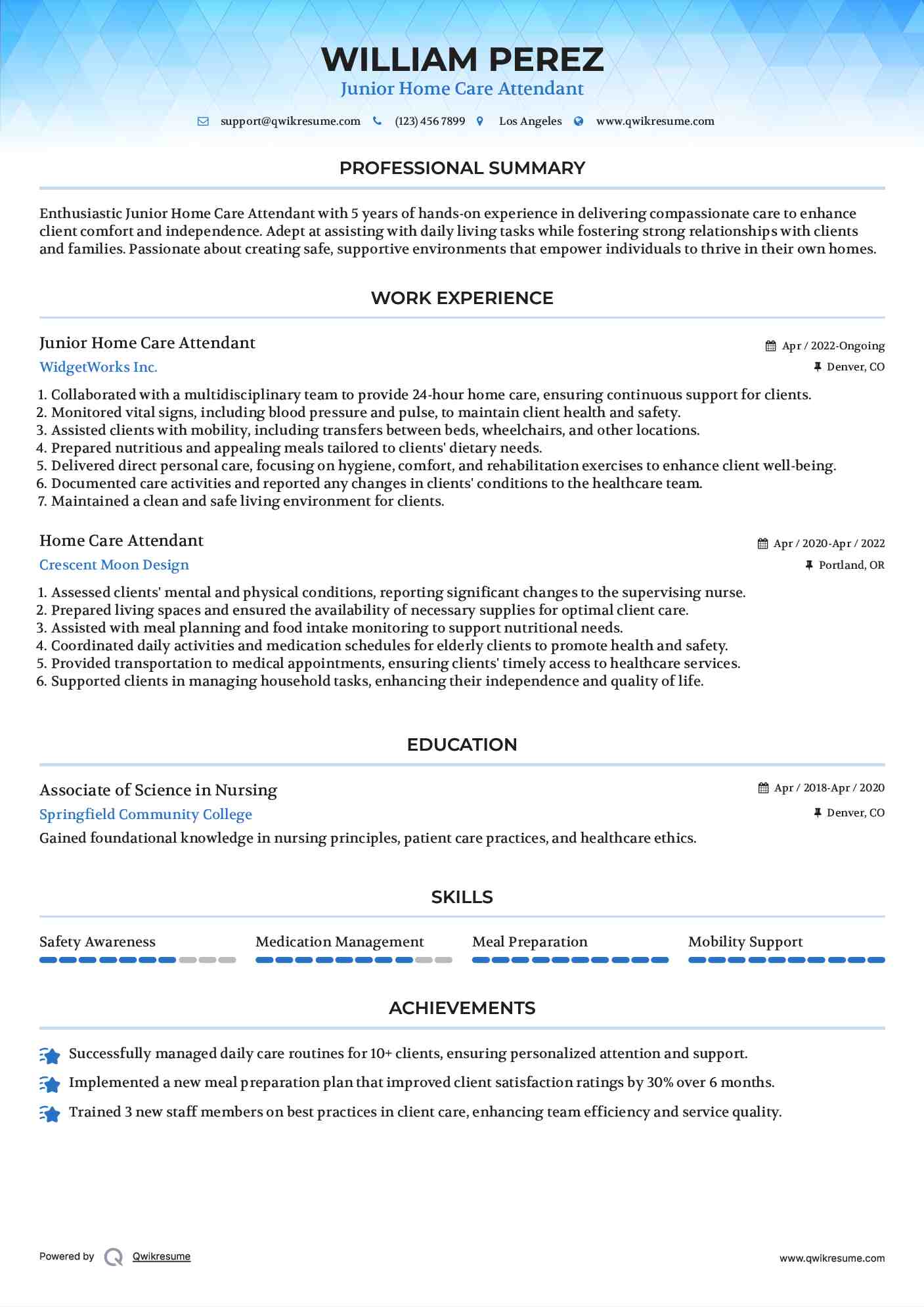 Junior Home Care Attendant Resume Template