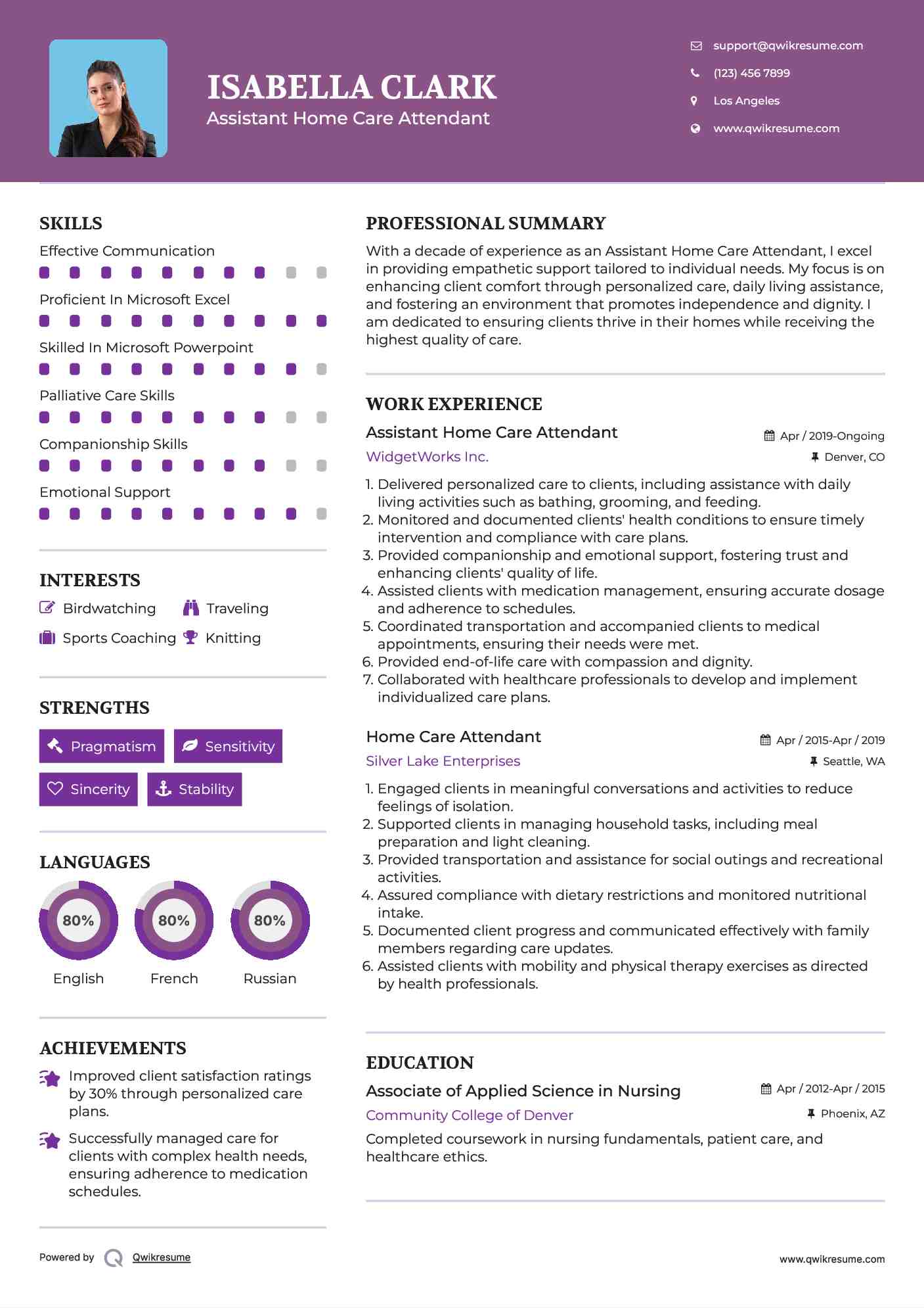 Assistant Home Care Attendant Resume Format