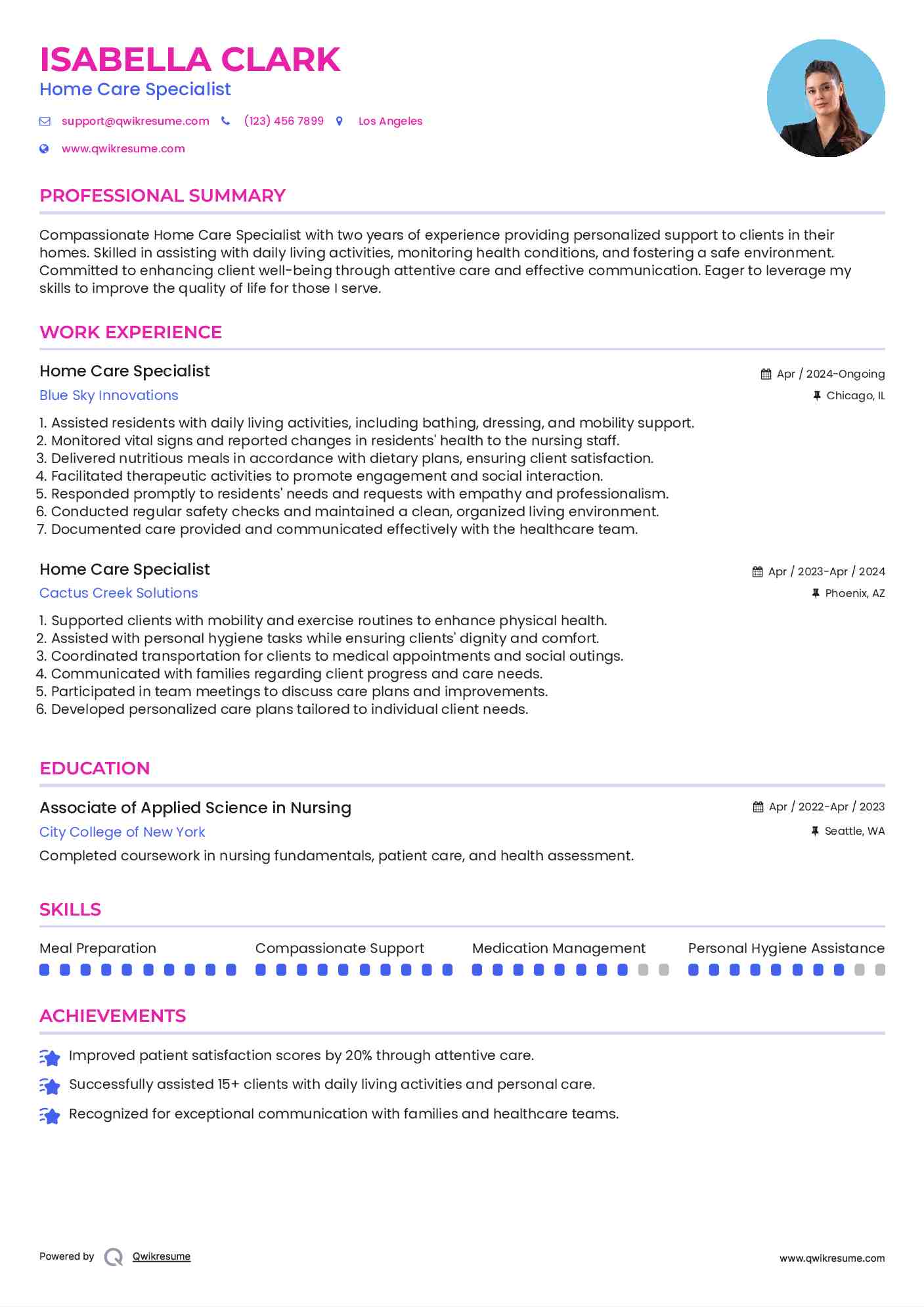 Home Care Specialist Resume Template
