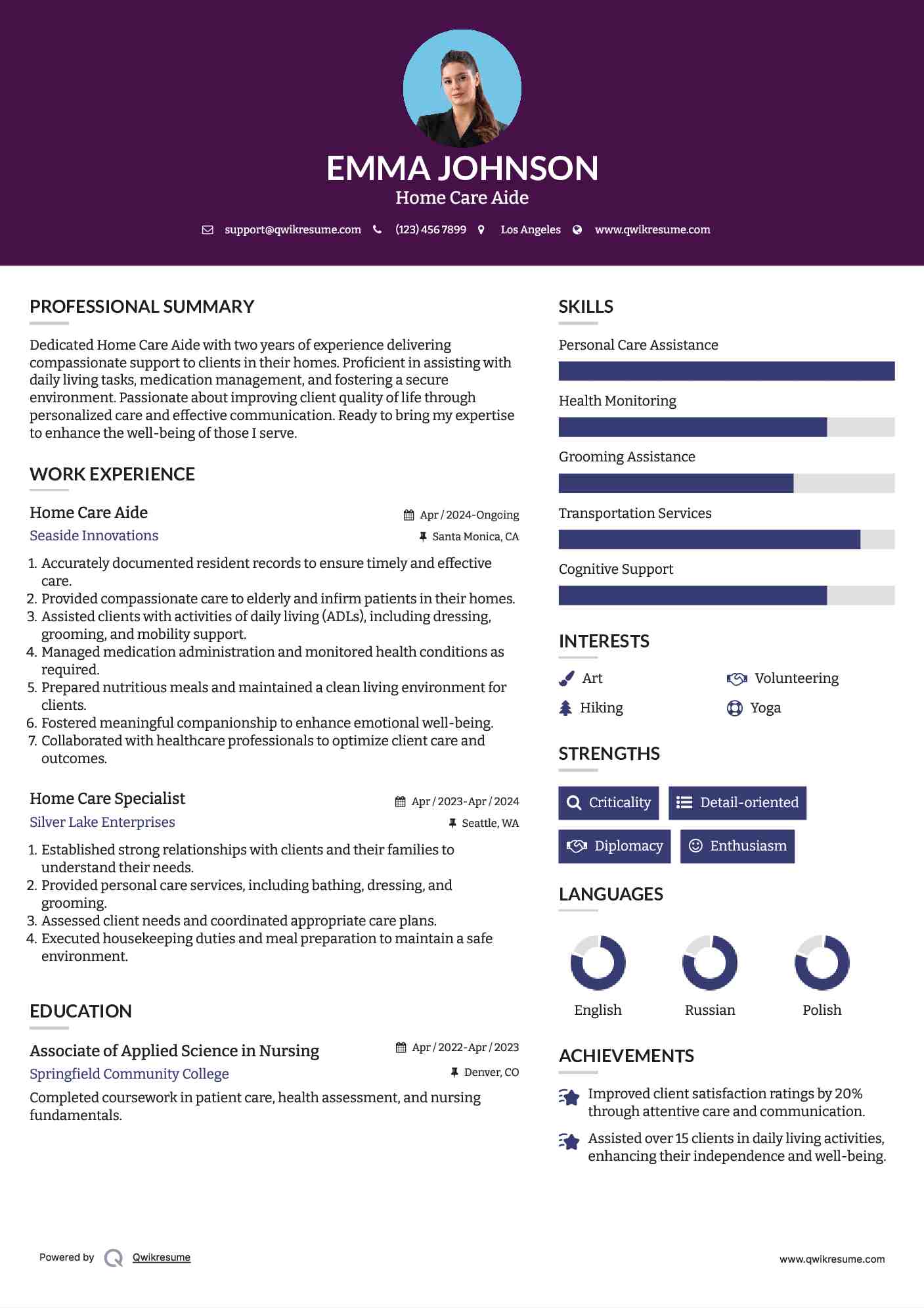 Home Care Aide Resume Sample