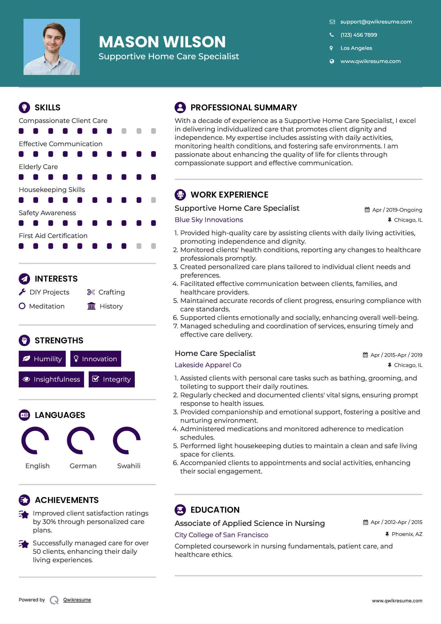Supportive Home Care Specialist Resume Example