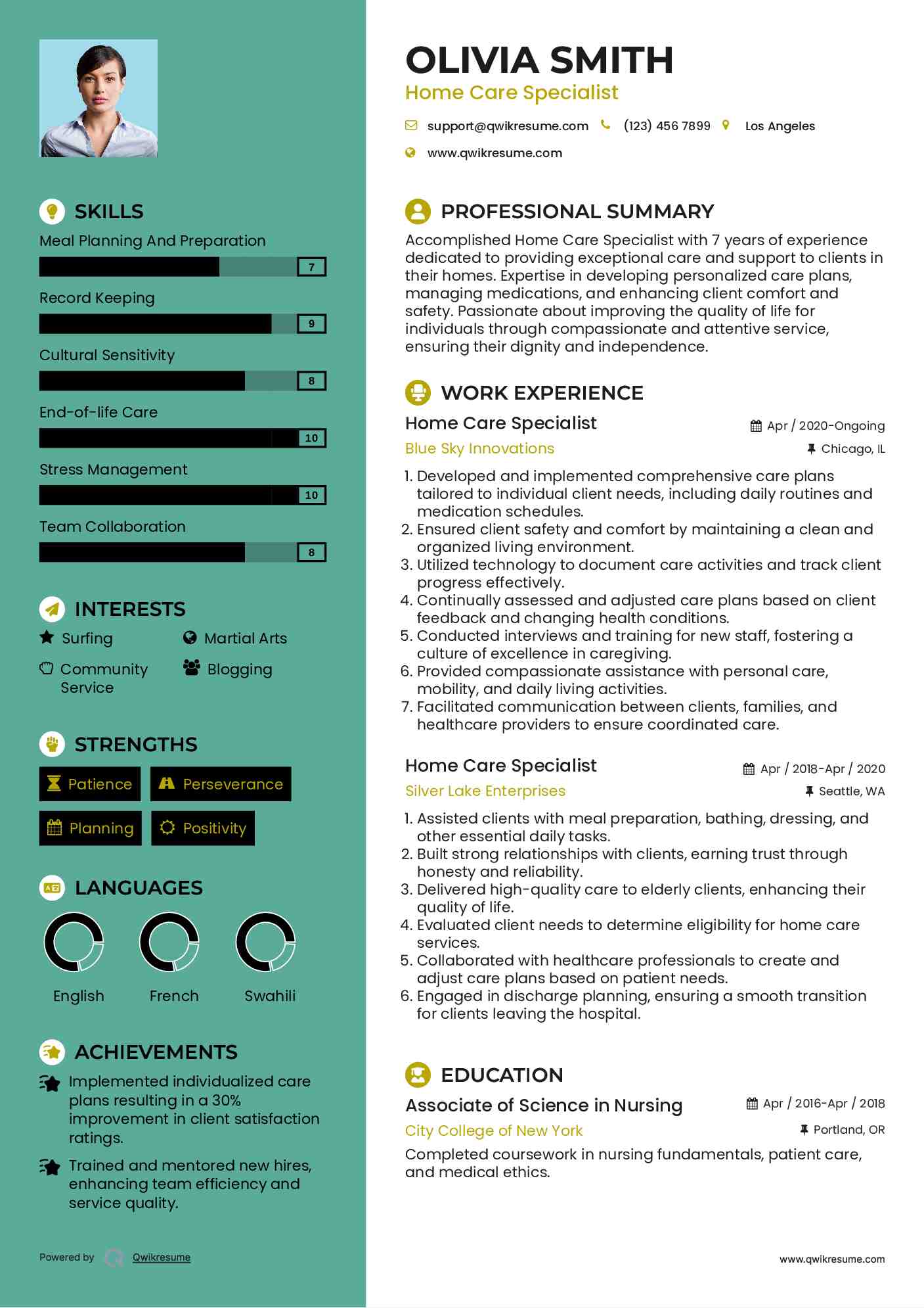 Home Care Specialist Resume Sample
