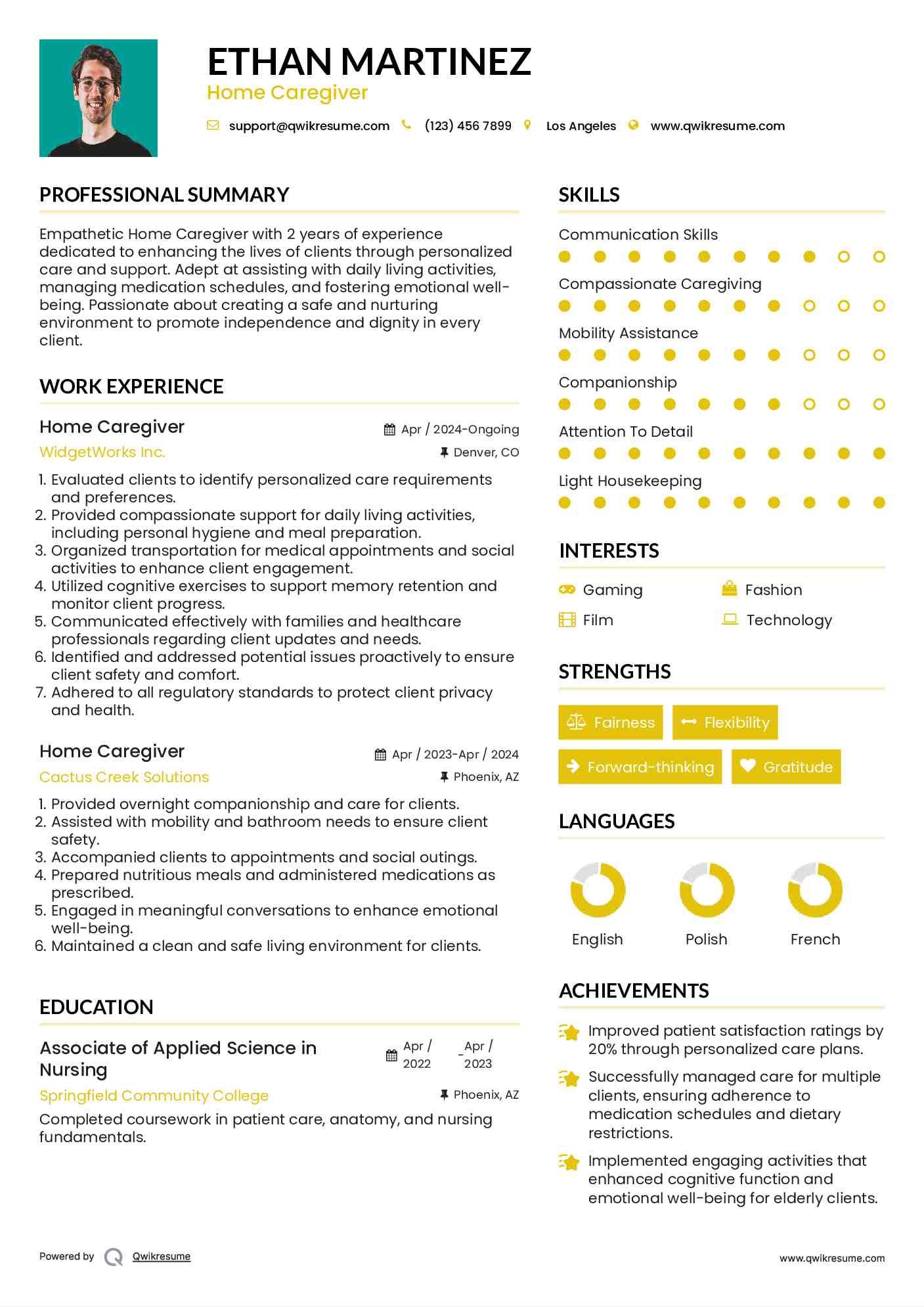 Home Caregiver Resume Sample