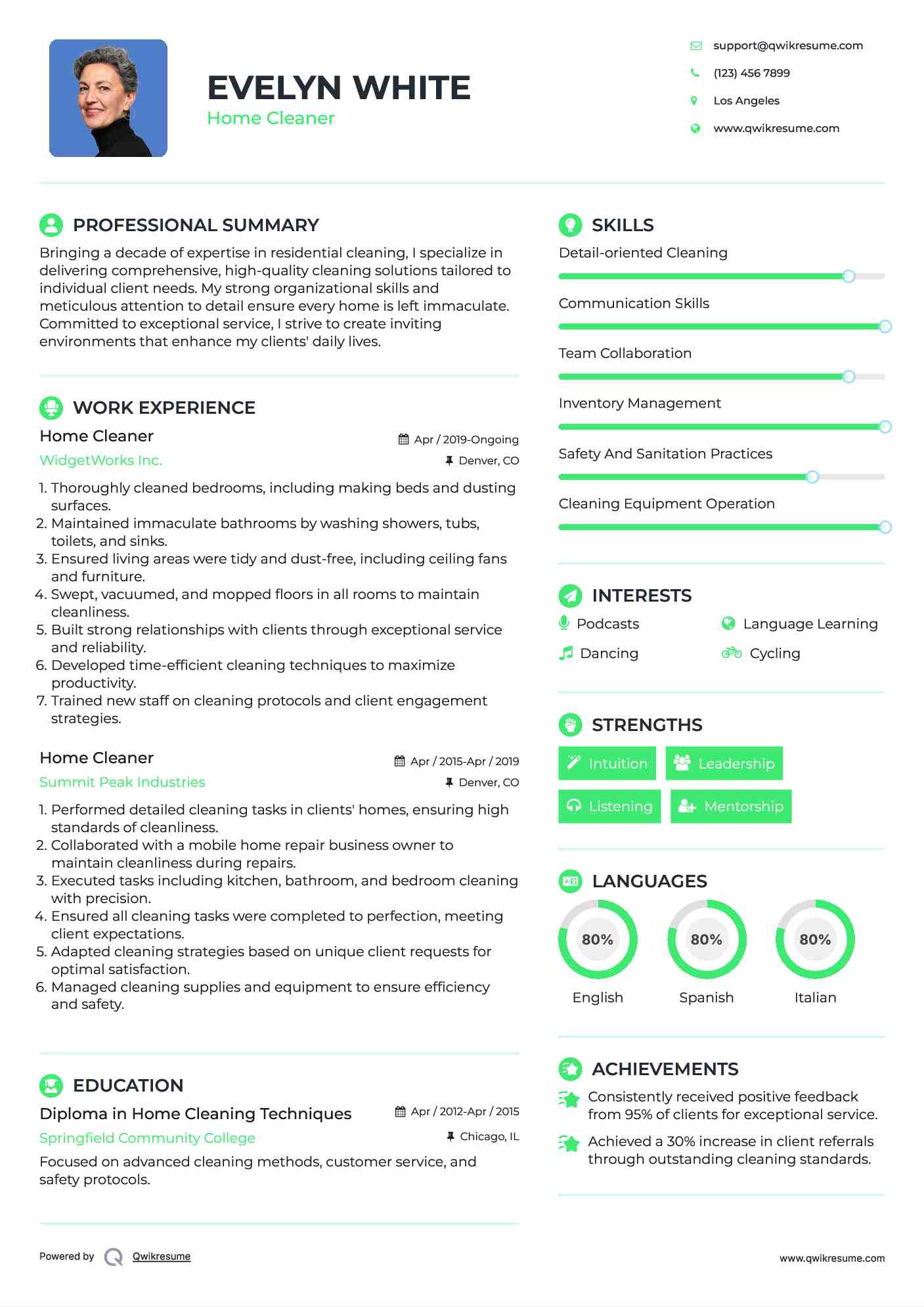 Home Cleaner Resume Example