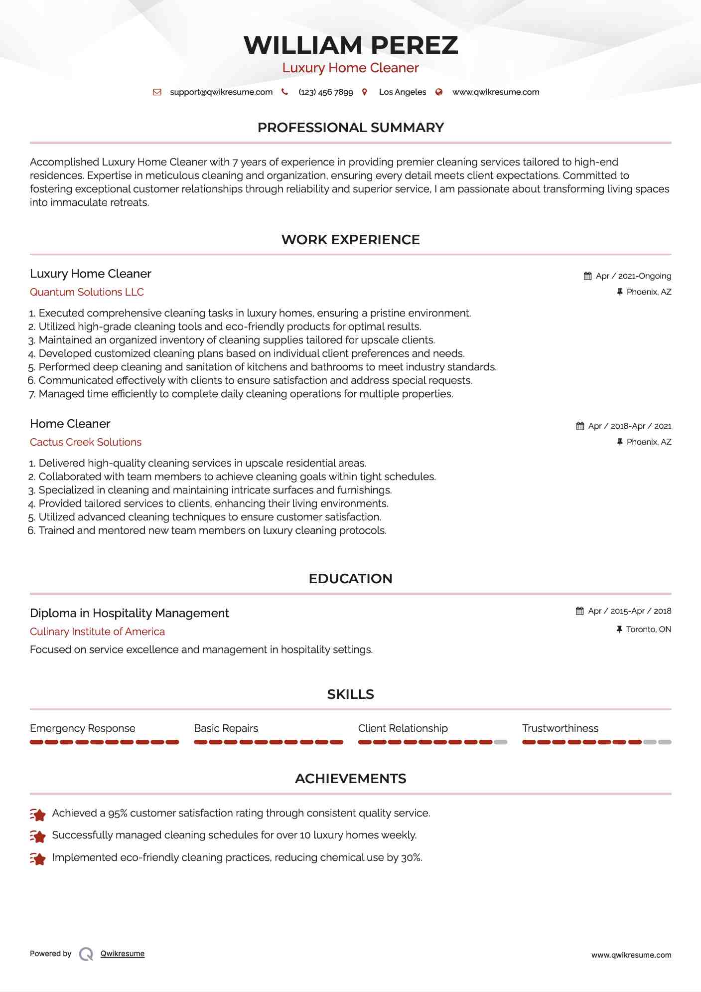 Luxury Home Cleaner Resume Example