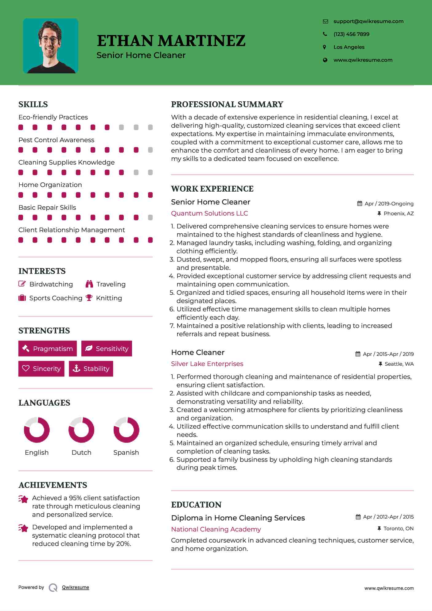 Senior Home Cleaner Resume Model