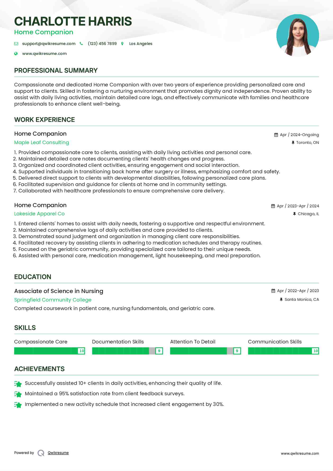 Home Companion Resume Example