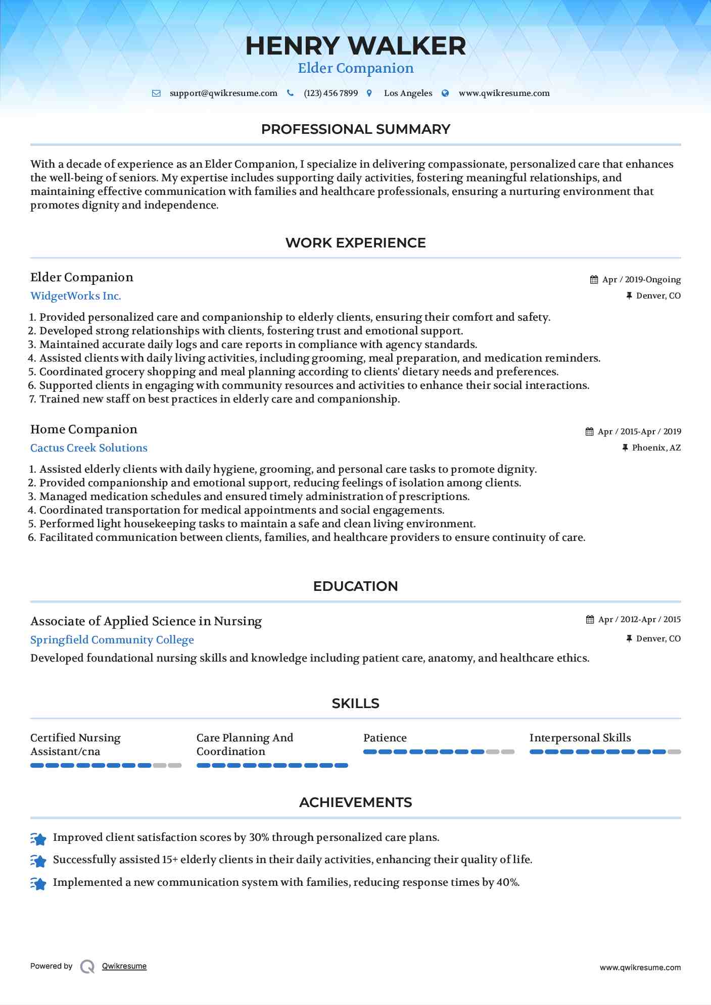 Elder Companion Resume Sample