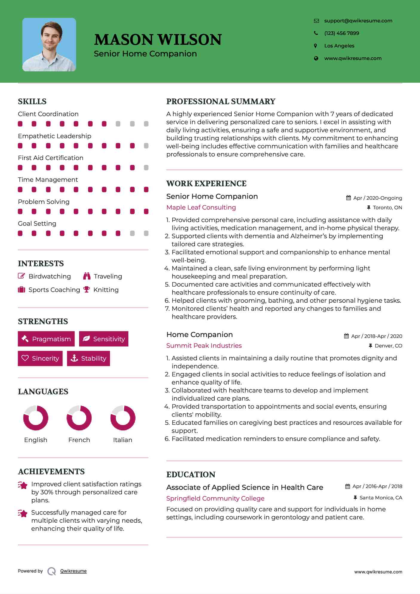 Senior Home Companion Resume Model
