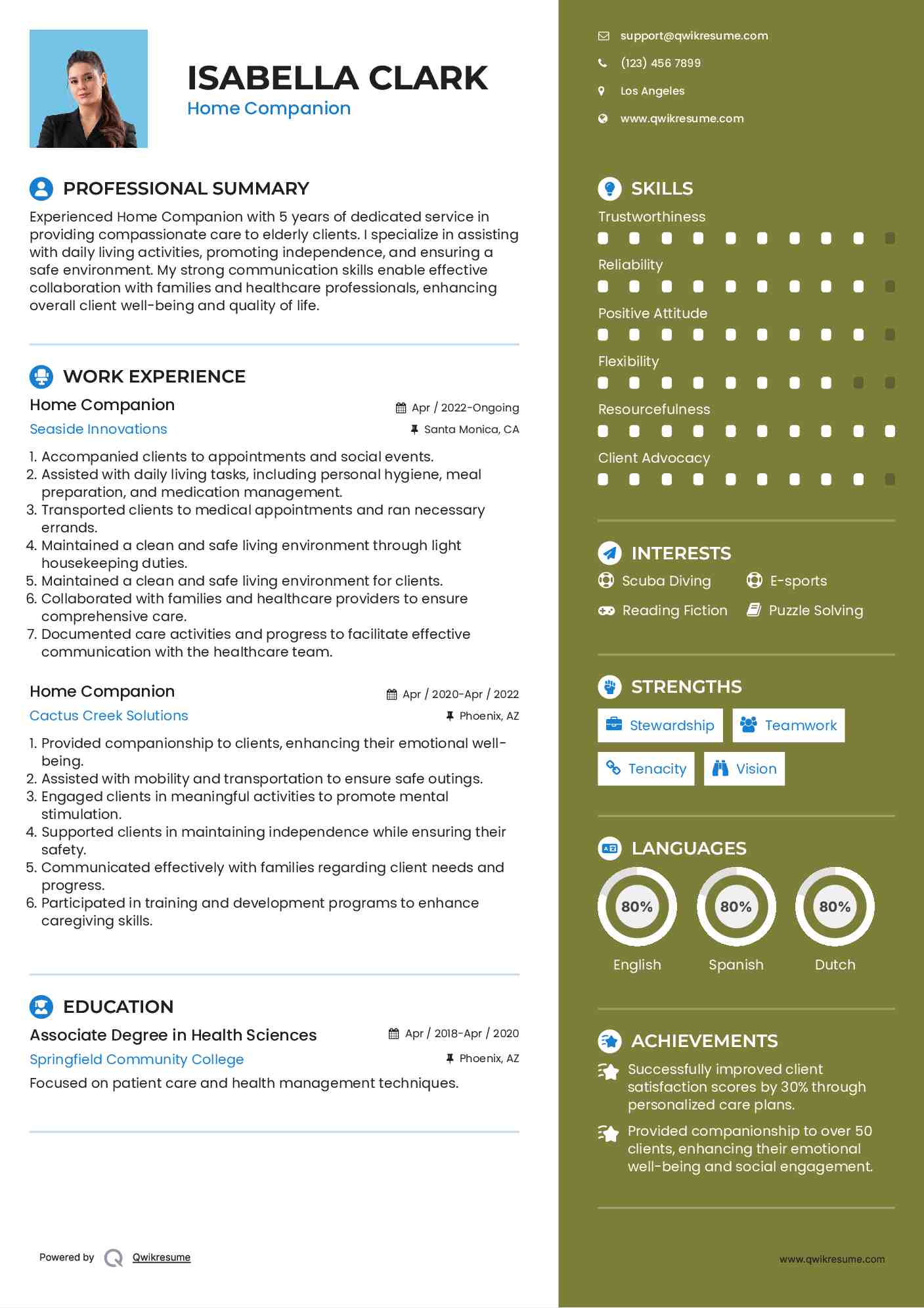 Home Companion Resume Example