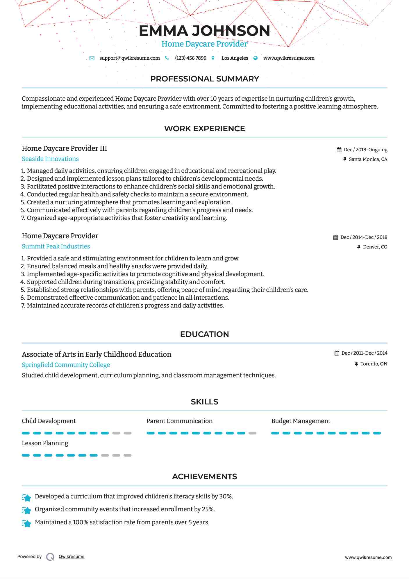 Home Daycare Provider III Resume Example