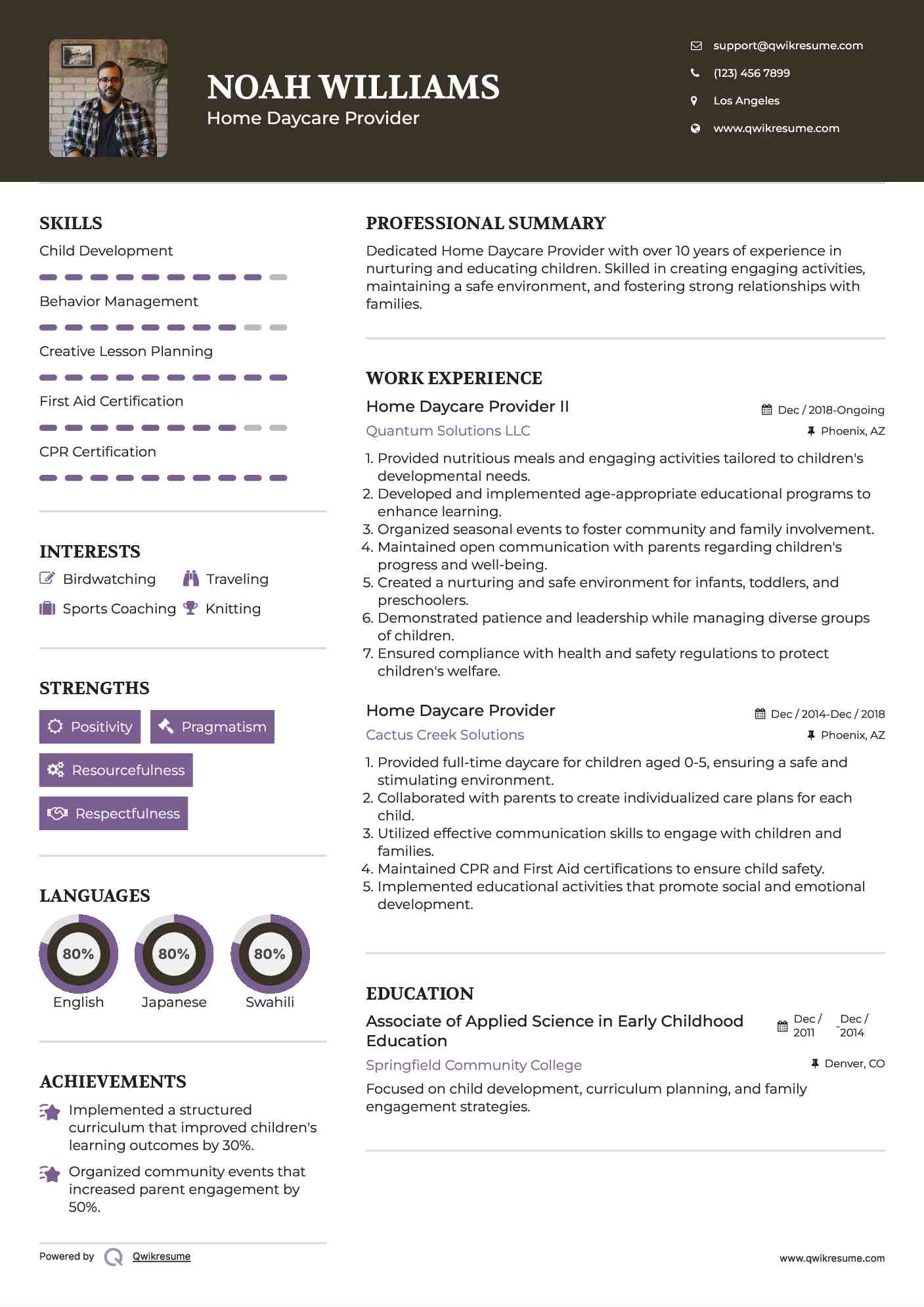 Home Daycare Provider II Resume Example