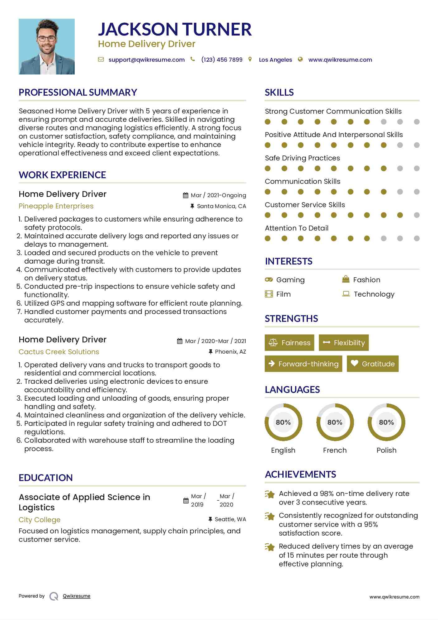 Home Delivery Driver Resume Example