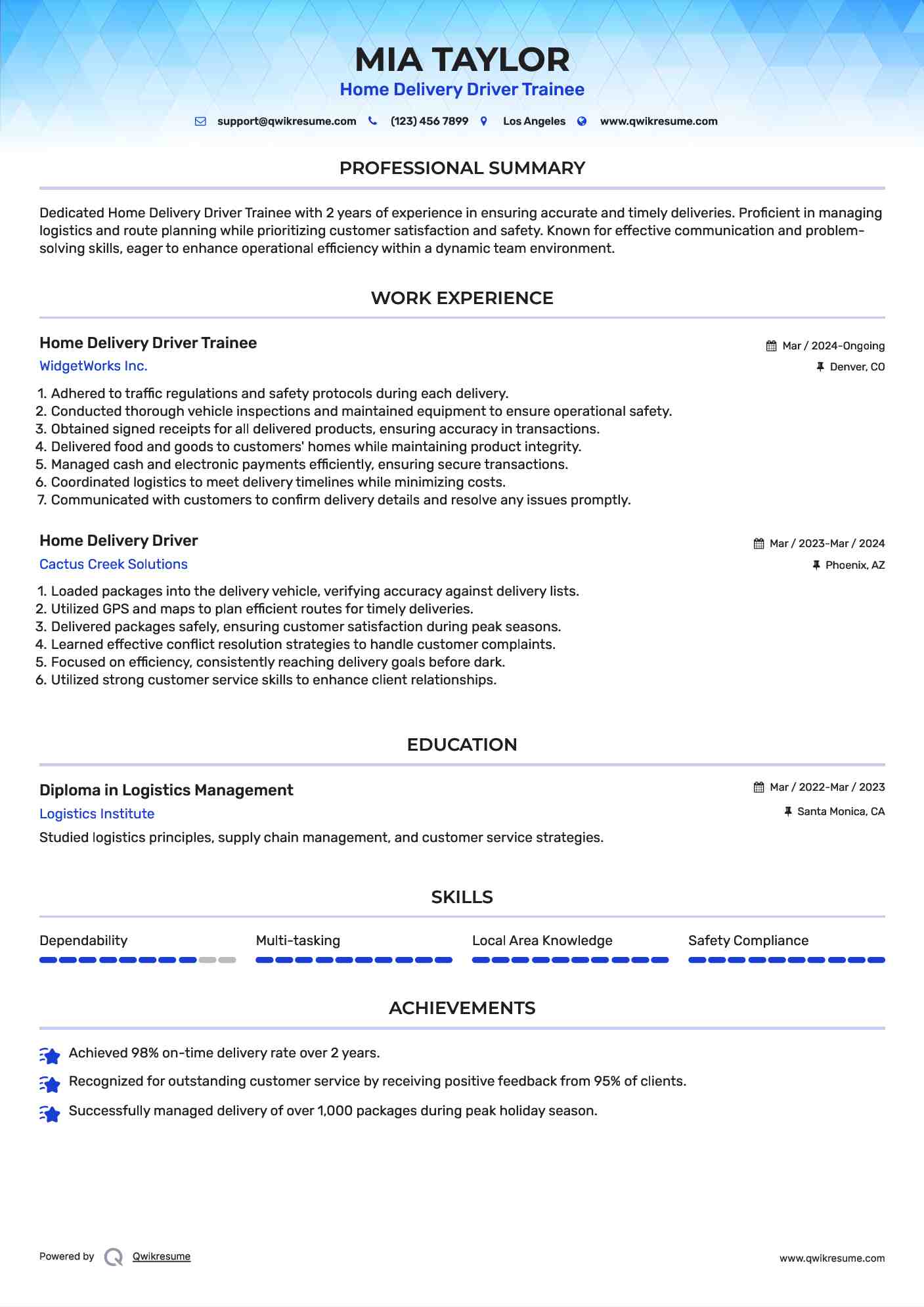 Home Delivery Driver Trainee Resume Model