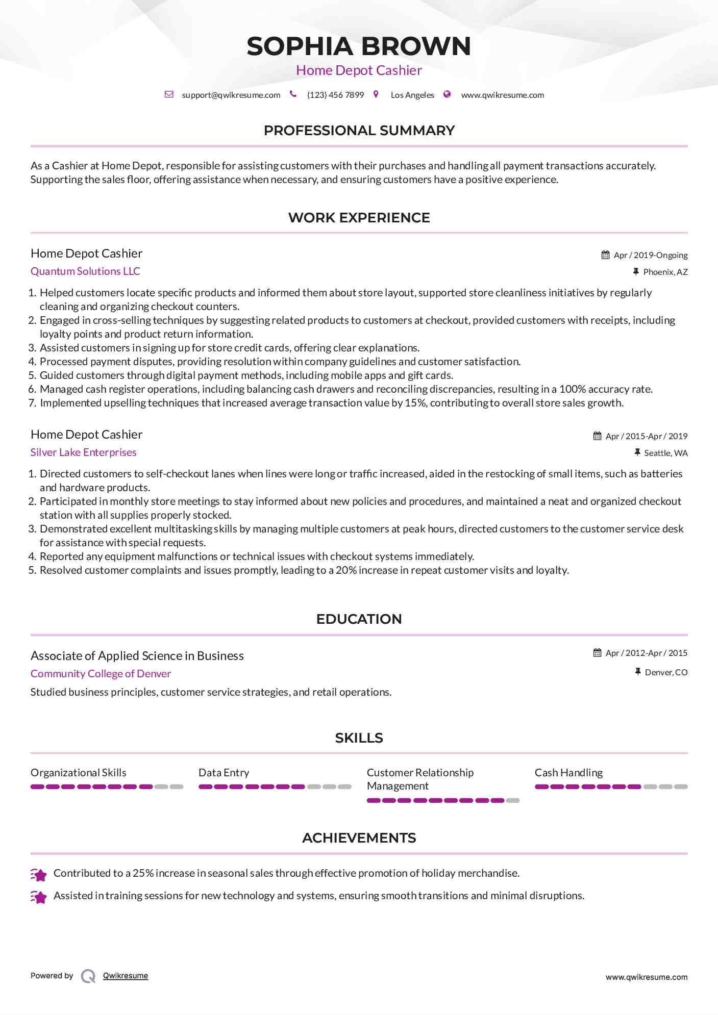 Home Depot Cashier Resume Template