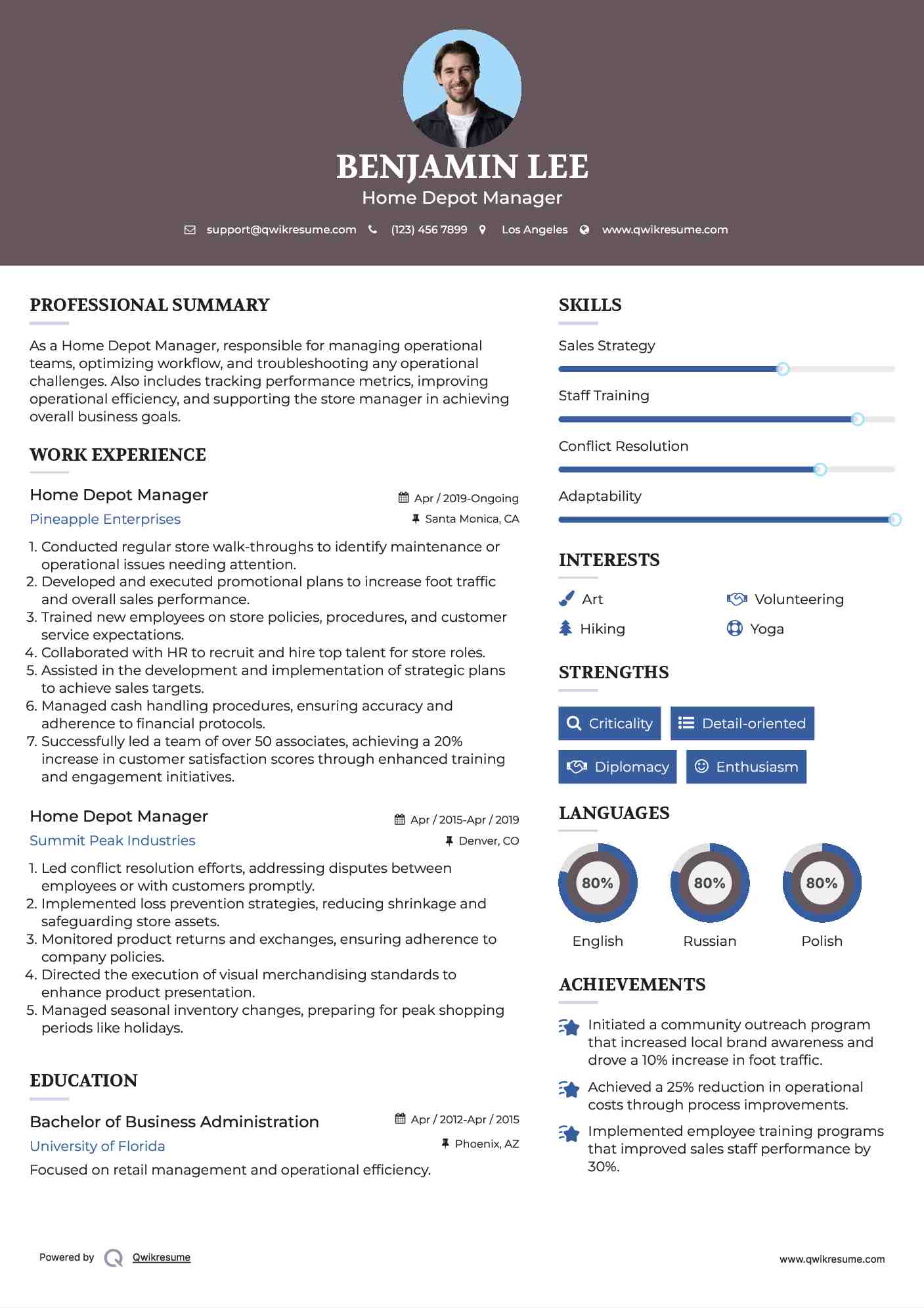 Home Depot Manager Resume Sample