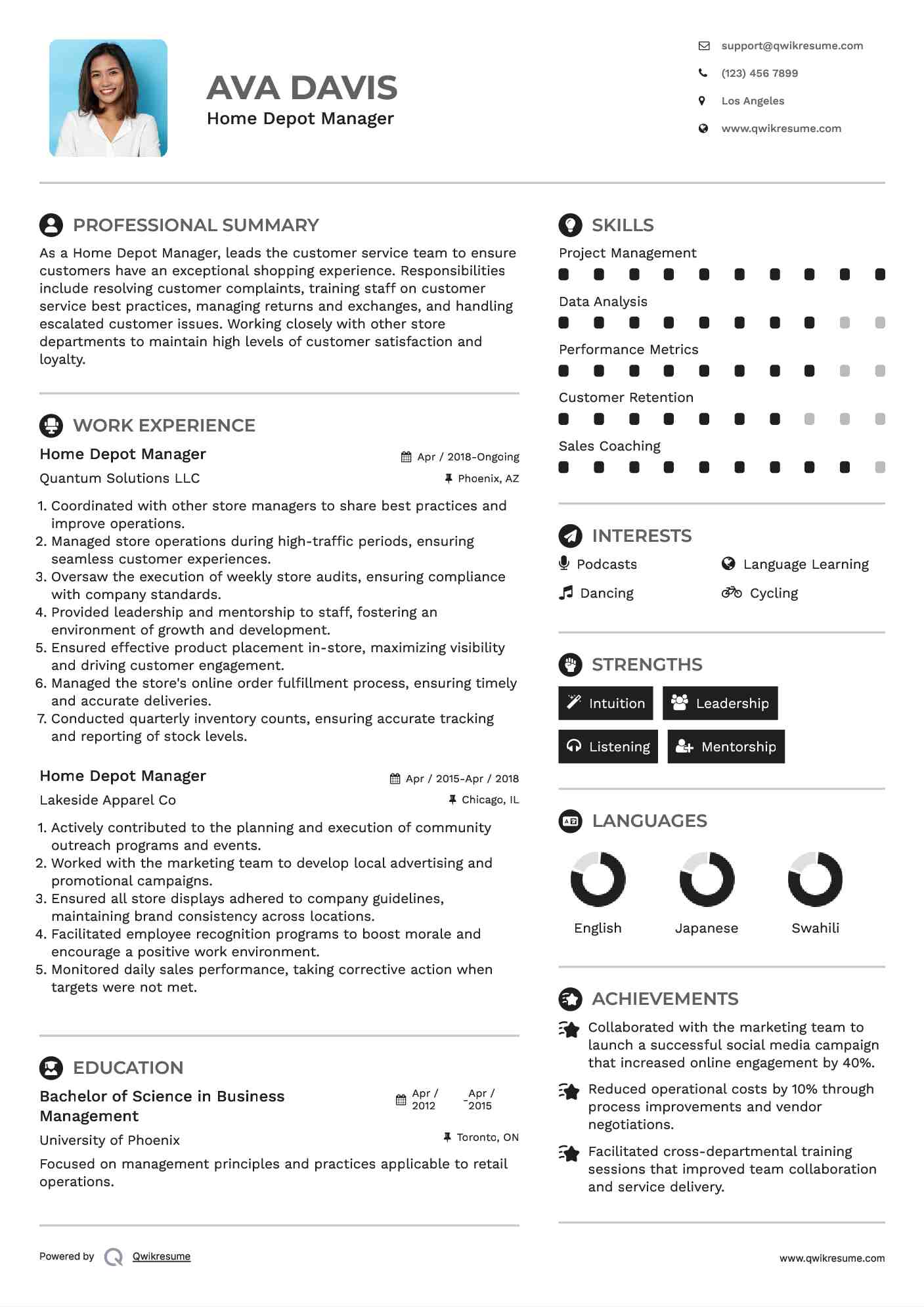 Home Depot Manager Resume Format