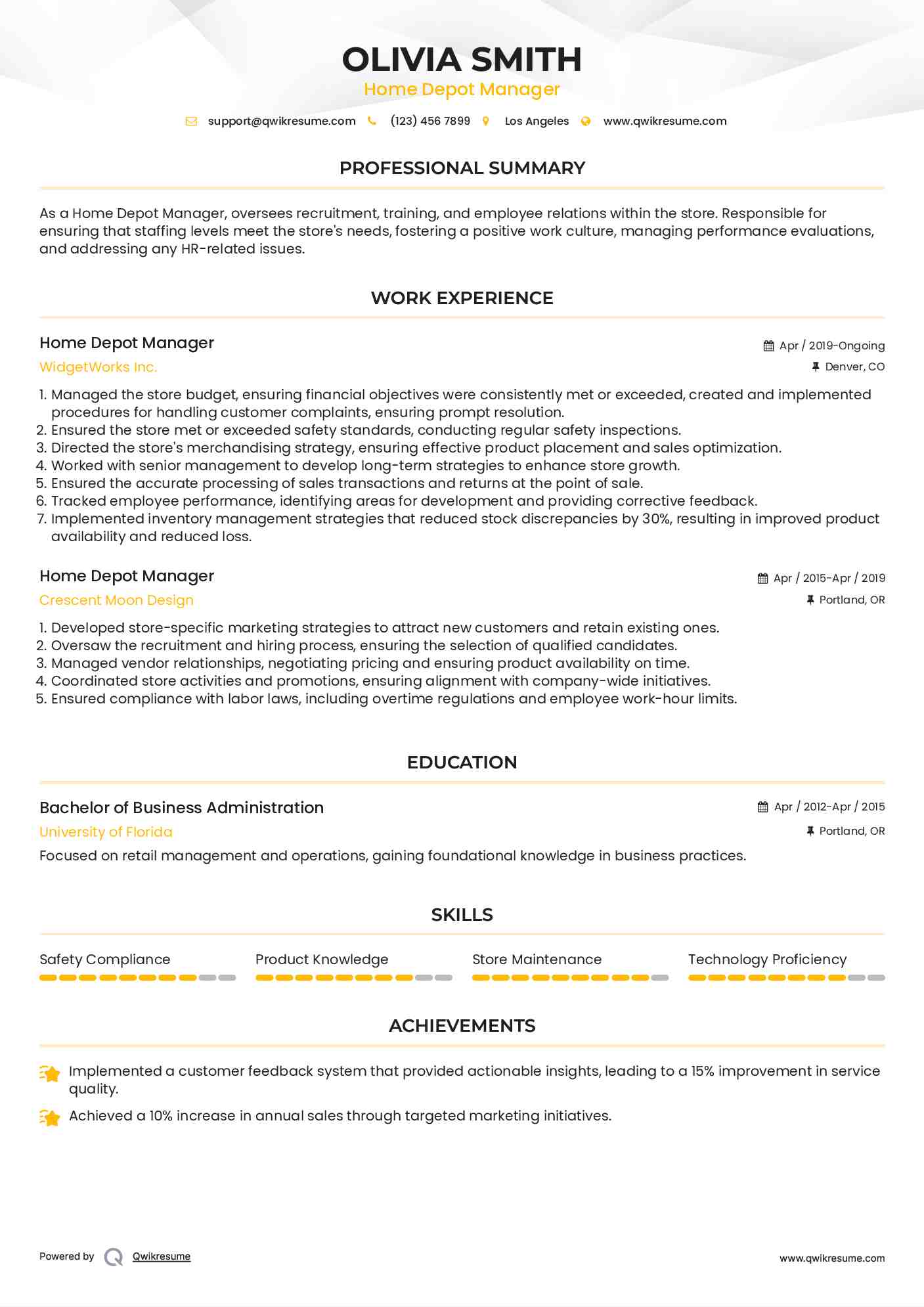Home Depot Manager Resume Sample